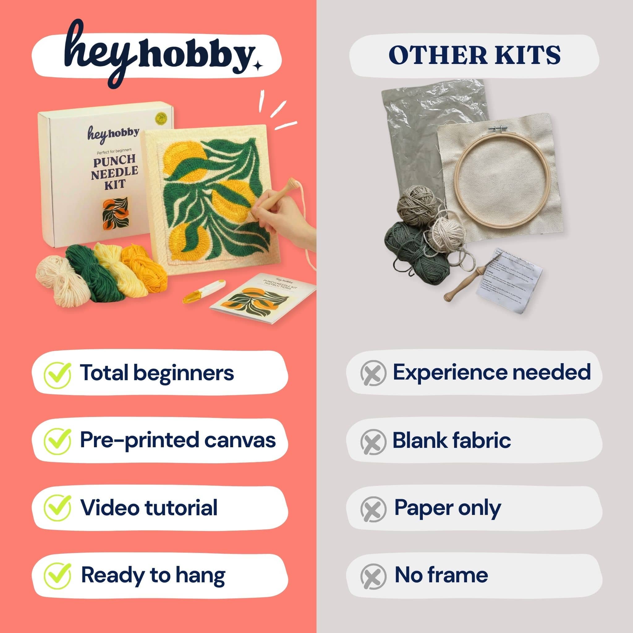 HeyHobby Tranquil Leaf Punch Needle Kit DIY kit with colorful embroidery hoop, needle, and fabric featuring leaf design.