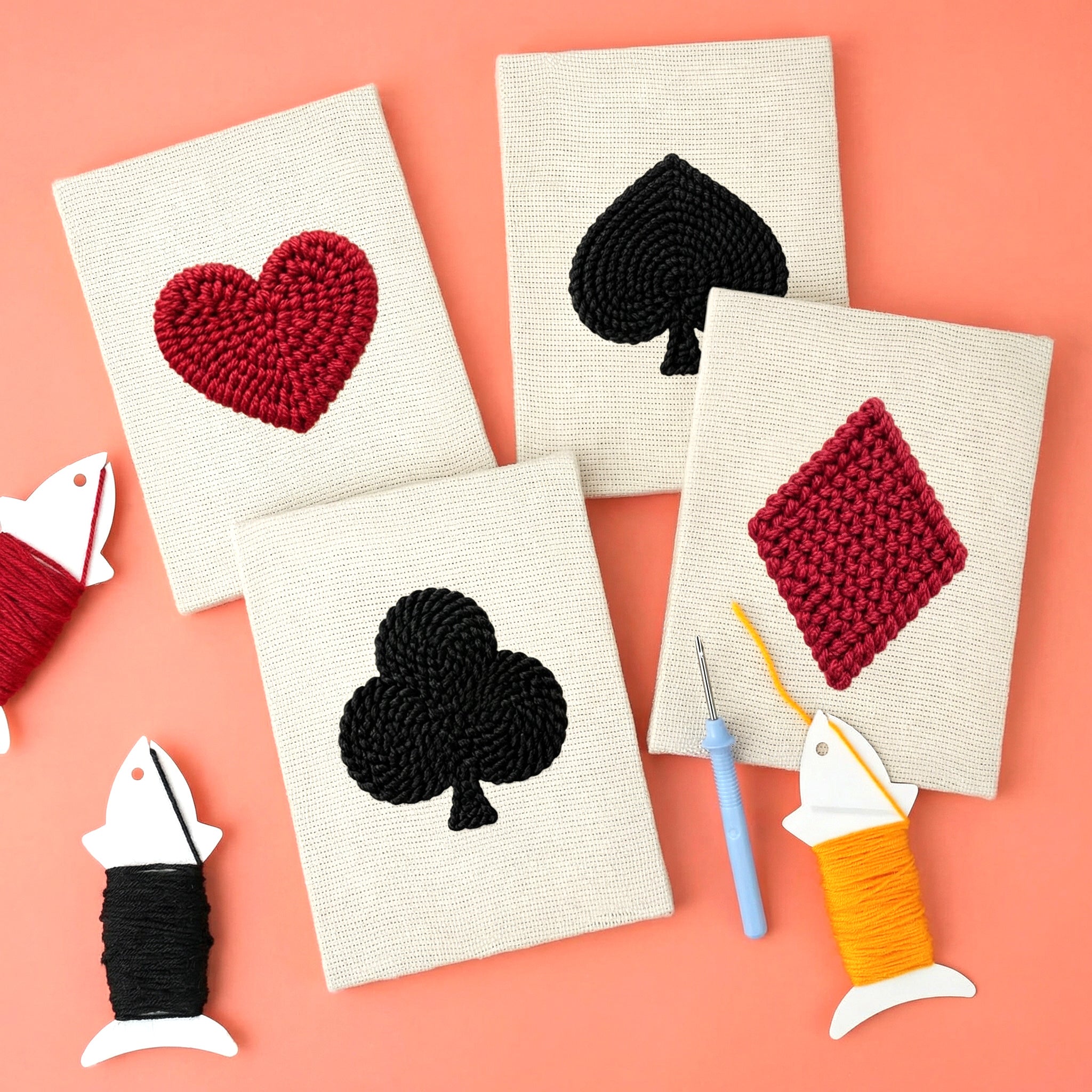 HeyHobby Game Night 4-Piece Punch Needle DIY Kit with colorful tools and fabric pieces for creative embroidery projects
