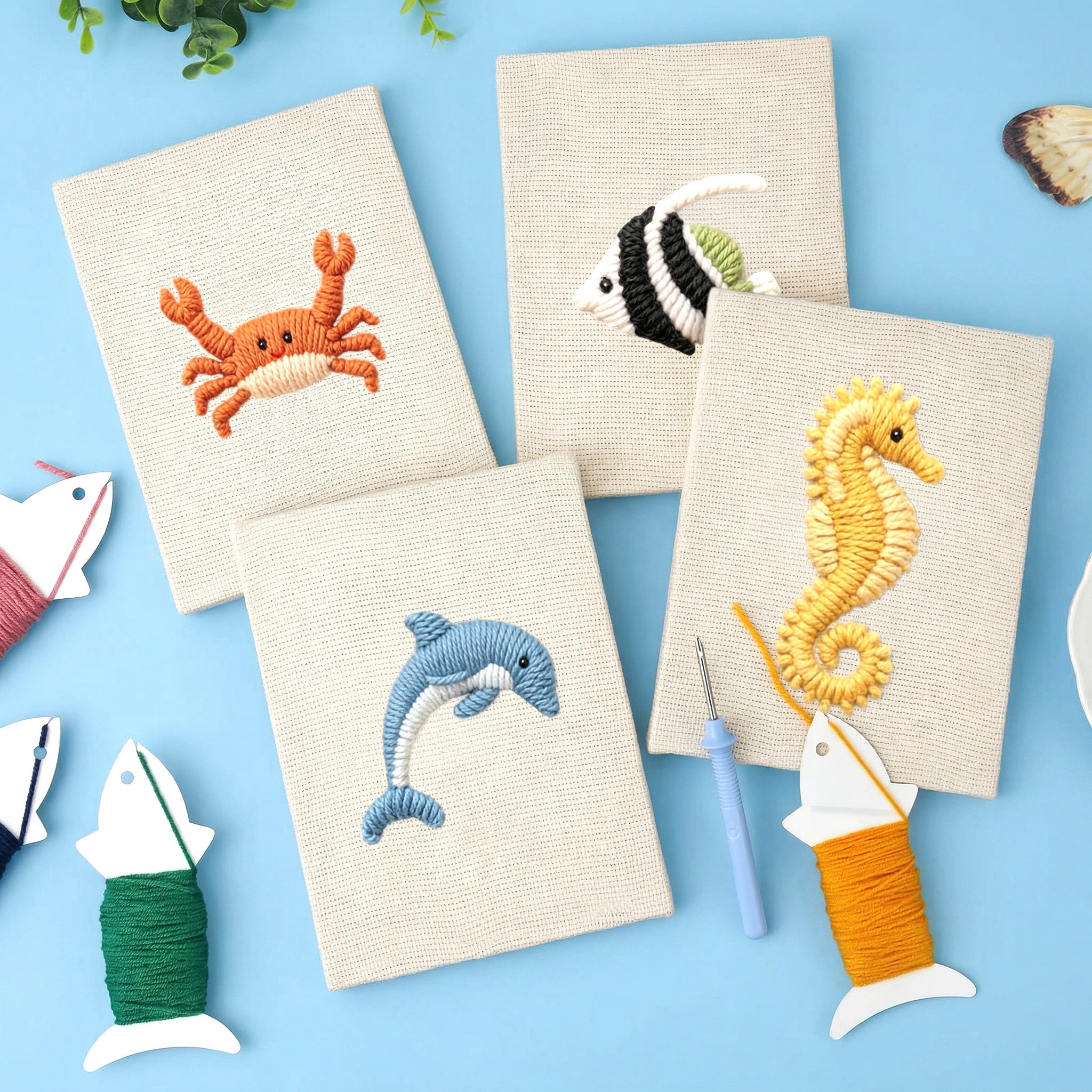 HeyHobby Ocean Friends 4-Piece Punch Needle Set DIY kit with colorful ocean-themed embroidery tools and materials.