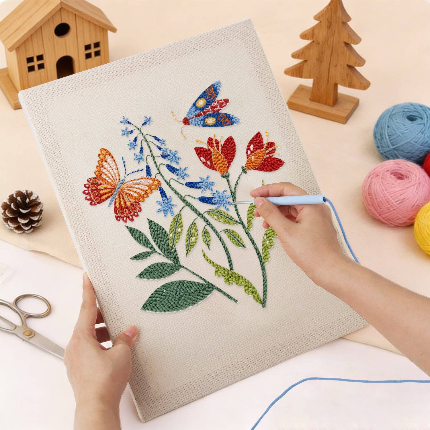 HeyHobby Garden Joy Punch Needle Kit DIY craft kit with colorful punch needle tools and fabric for garden-themed embroidery projects.