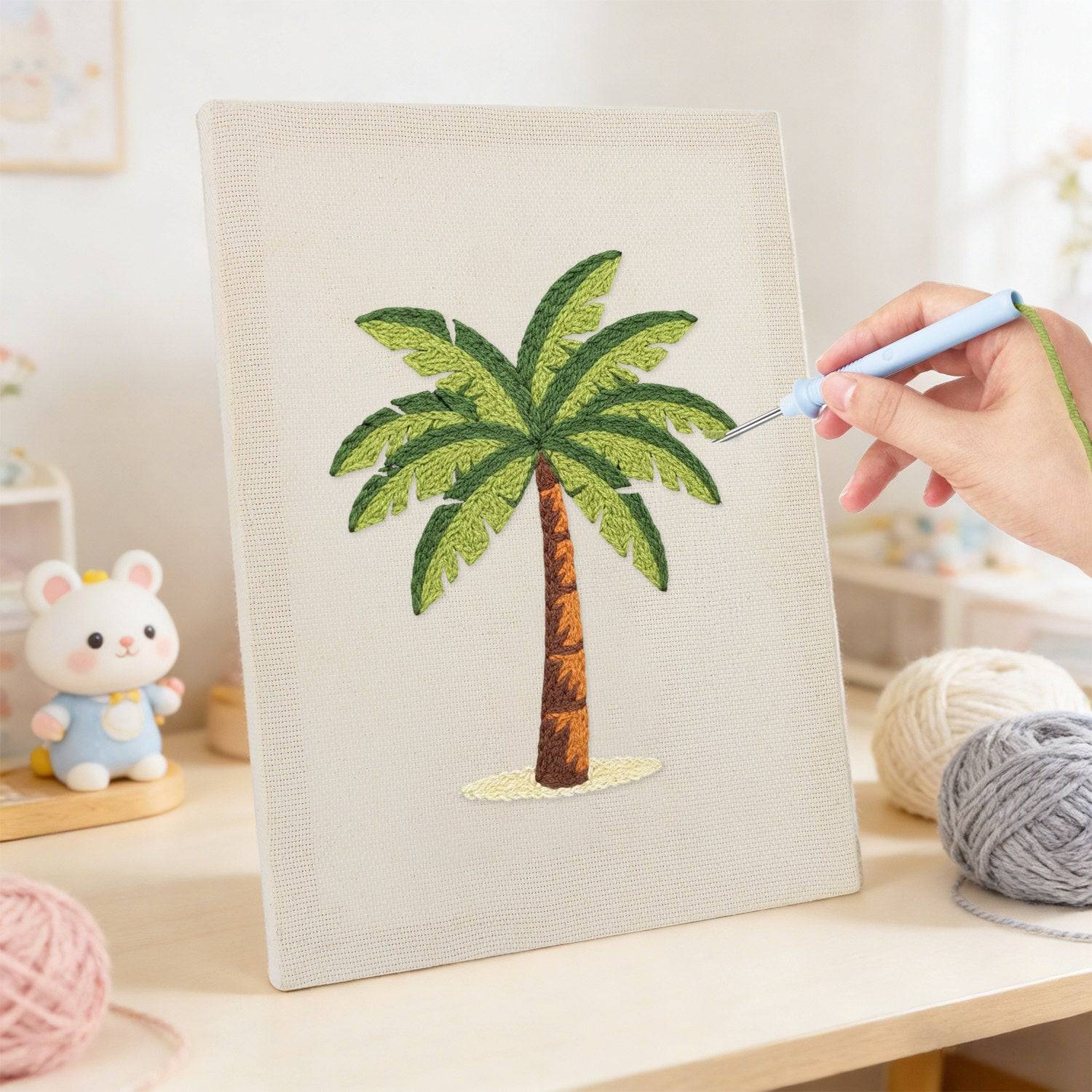HeyHobby Palm Serenity Punch Needle DIY Kit with colorful fabric and punch needle tools for embroidery craft projects