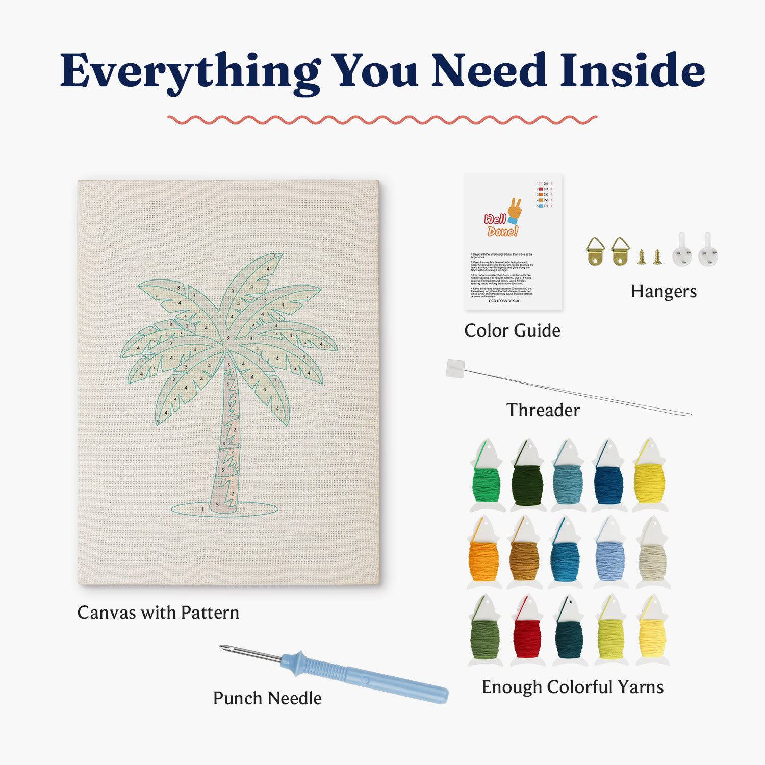 Inside view of HeyHobby Palm Serenity Punch Needle Kit with colorful embroidery floss and punch needle tools for DIY crafting.