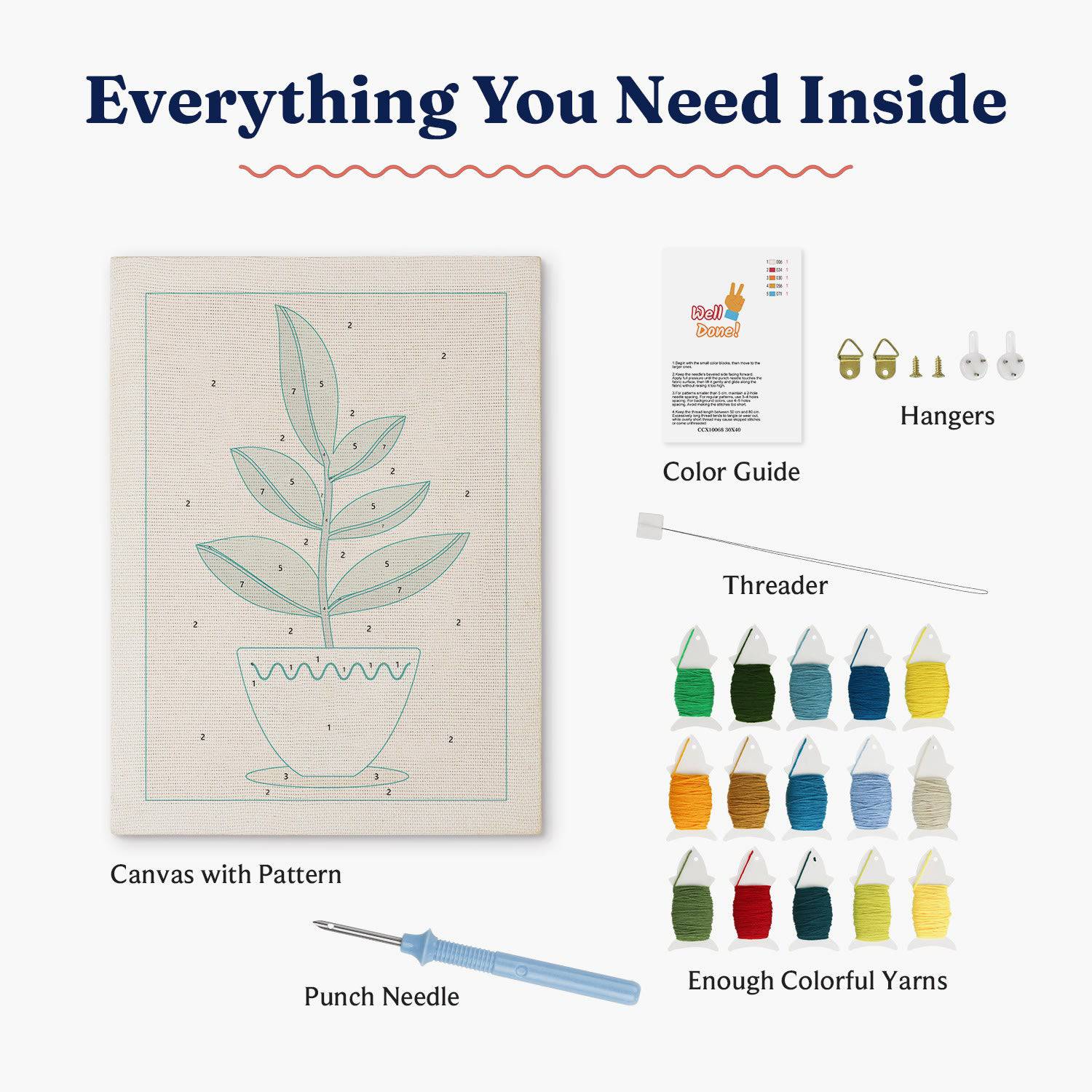 HeyHobby Calm Leaves Punch Needle Kit for DIY embroidery, featuring colorful leaves design and punch needle tools for craft enthusiasts.