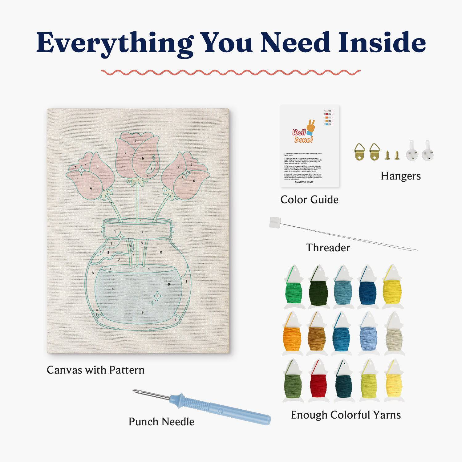 Inside view of HeyHobby Tulip Trio Punch Needle Kit with colorful fabric, tools, and instructions for DIY embroidery project.