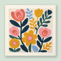 Punch needle wall art kit featuring folk-style marigolds, roses, and daisies in mustard, coral, and navy teal