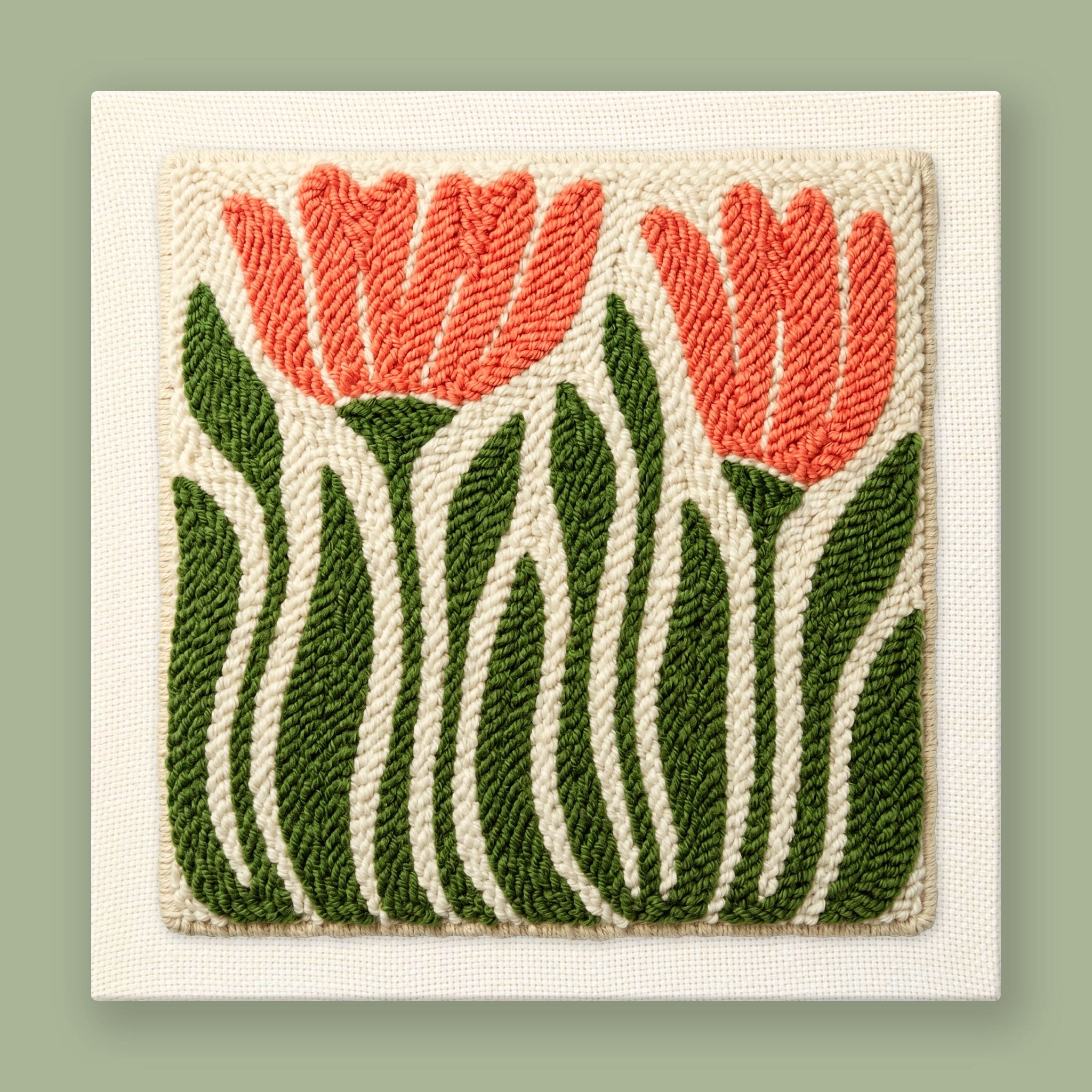Punch needle wall art with two coral-pink tulips, forest green stems, and warm cream background in bold folk-art style