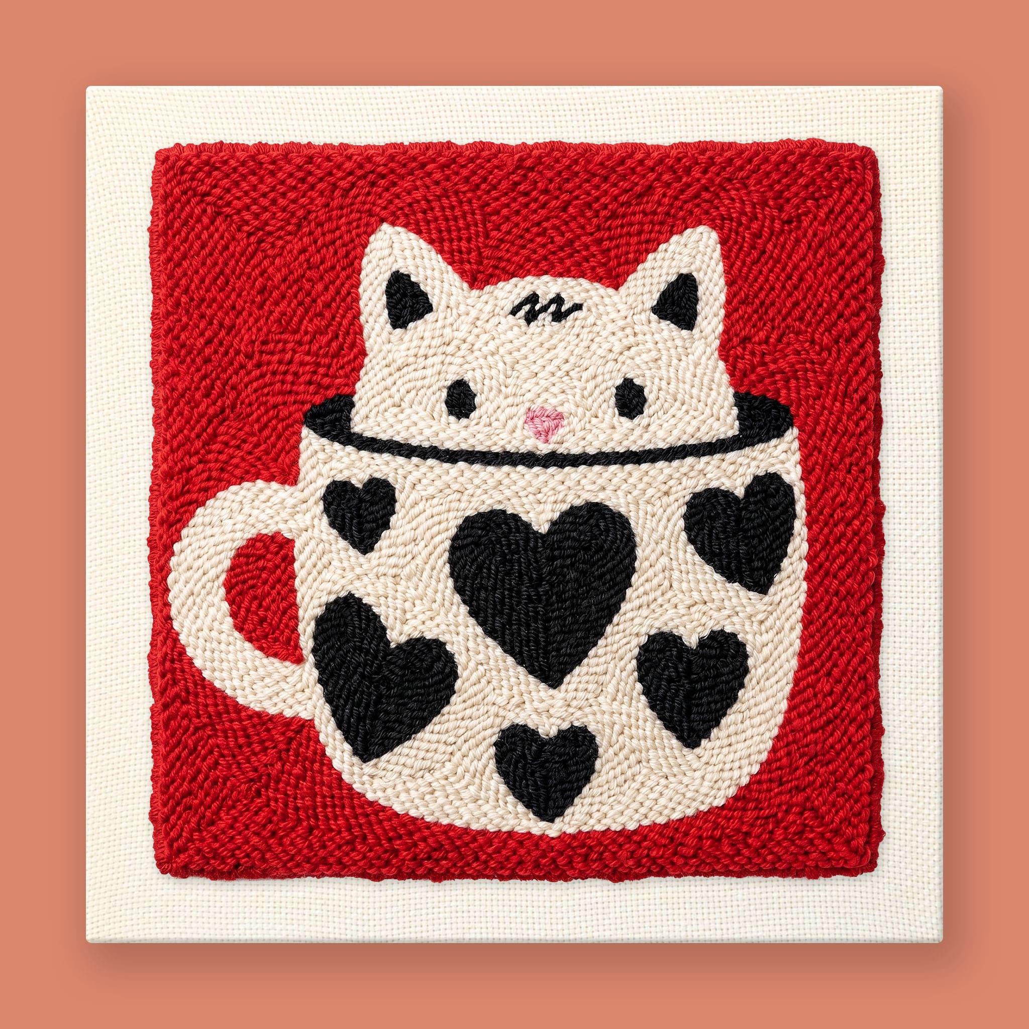 Punch needle kit showing a white cat sitting in a cream mug with black hearts on a cherry red background