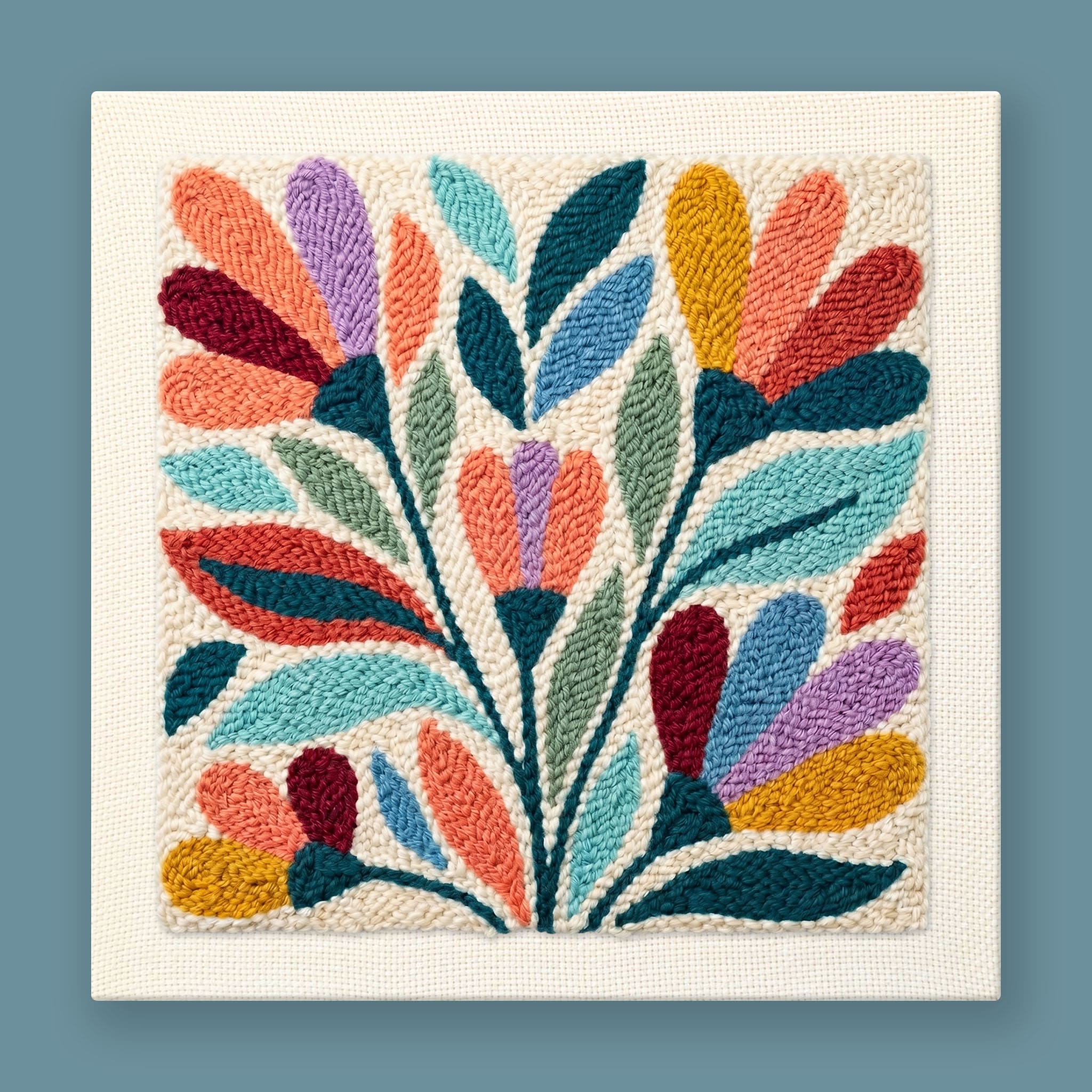 Folk Burst punch needle kit showing a symmetrical botanical fan in teal, coral, mustard yellow, lavender, and burgundy