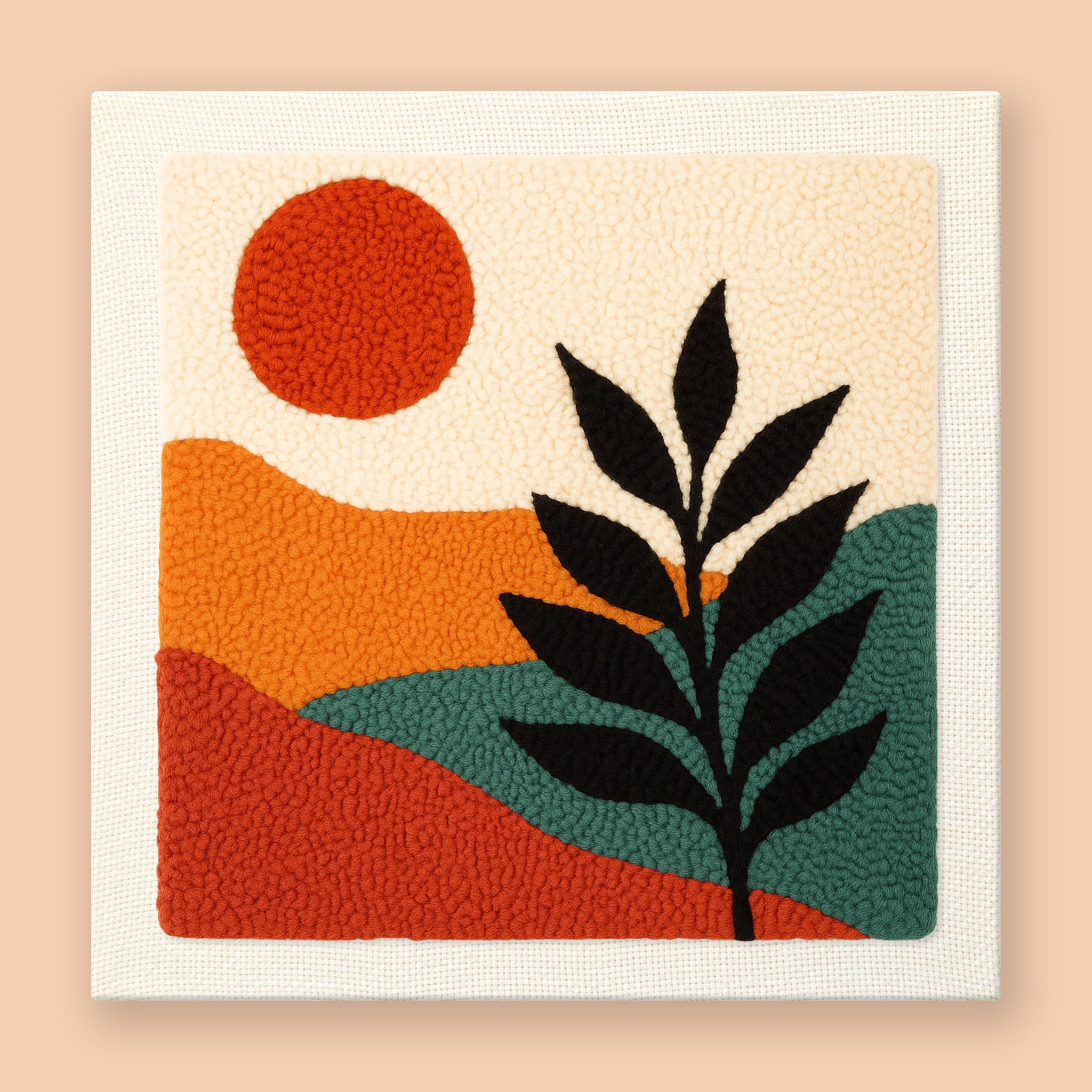 Midcentury modern punch needle art with orange sun, abstract desert hills, and black palm leaf silhouette