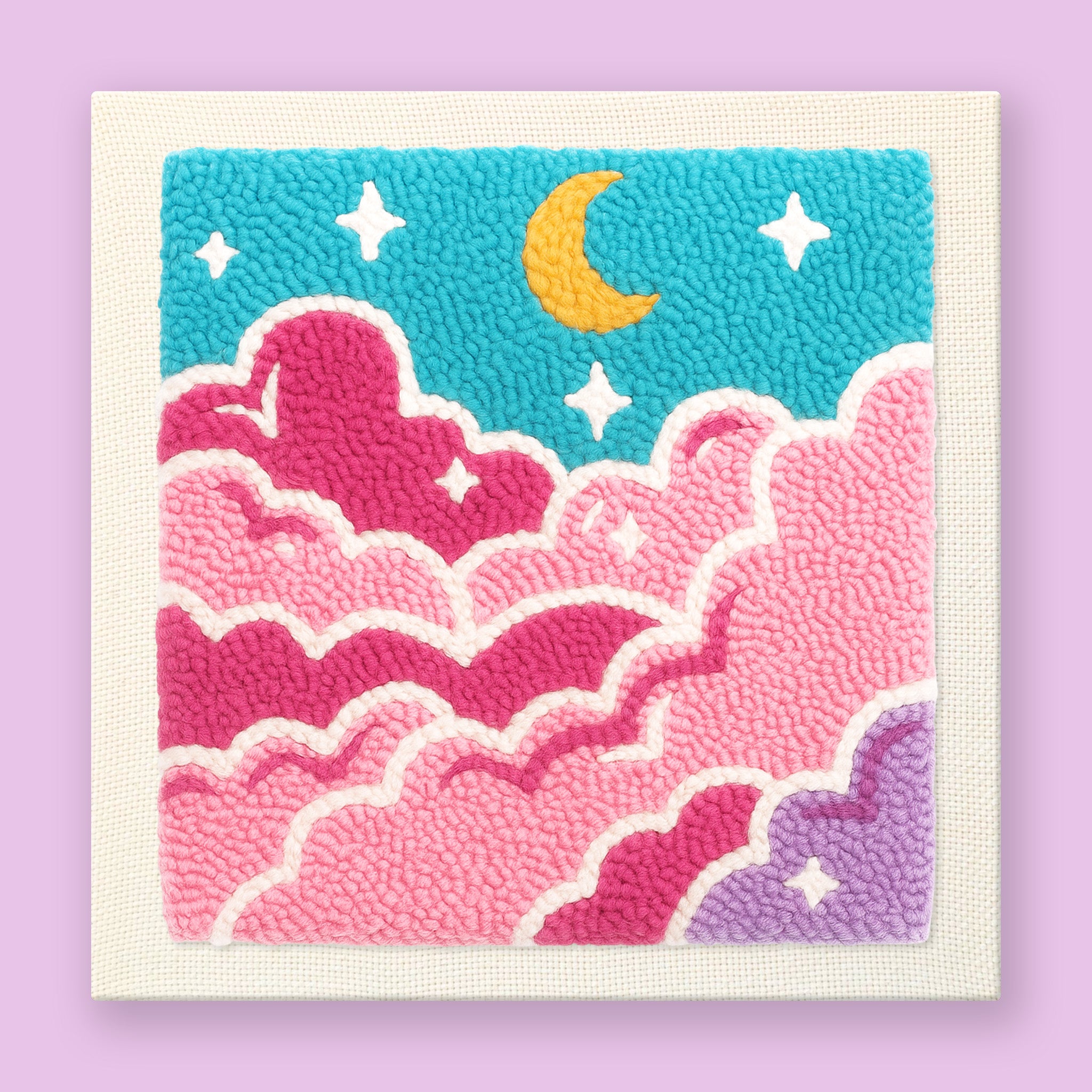Whimsical punch needle art with pink fluffy clouds, golden crescent moon, and white stars on turquoise sky