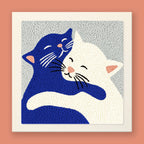 Heartwarming punch needle art of a navy blue cat and white cat hugging with sweet smiling faces on gray background