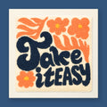 Retro 70s style punch needle art with navy blue text reading Take It Easy surrounded by coral flowers on cream background