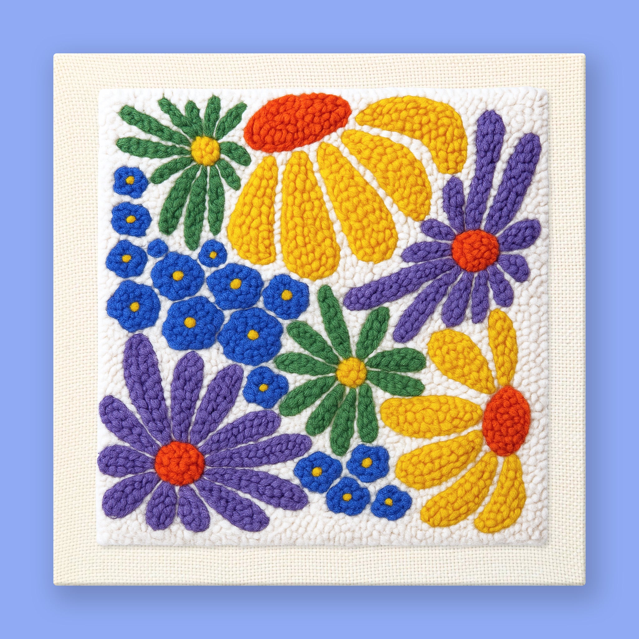 Vibrant punch needle floral art with yellow, purple, green, and blue flowers in a cheerful folk art style
