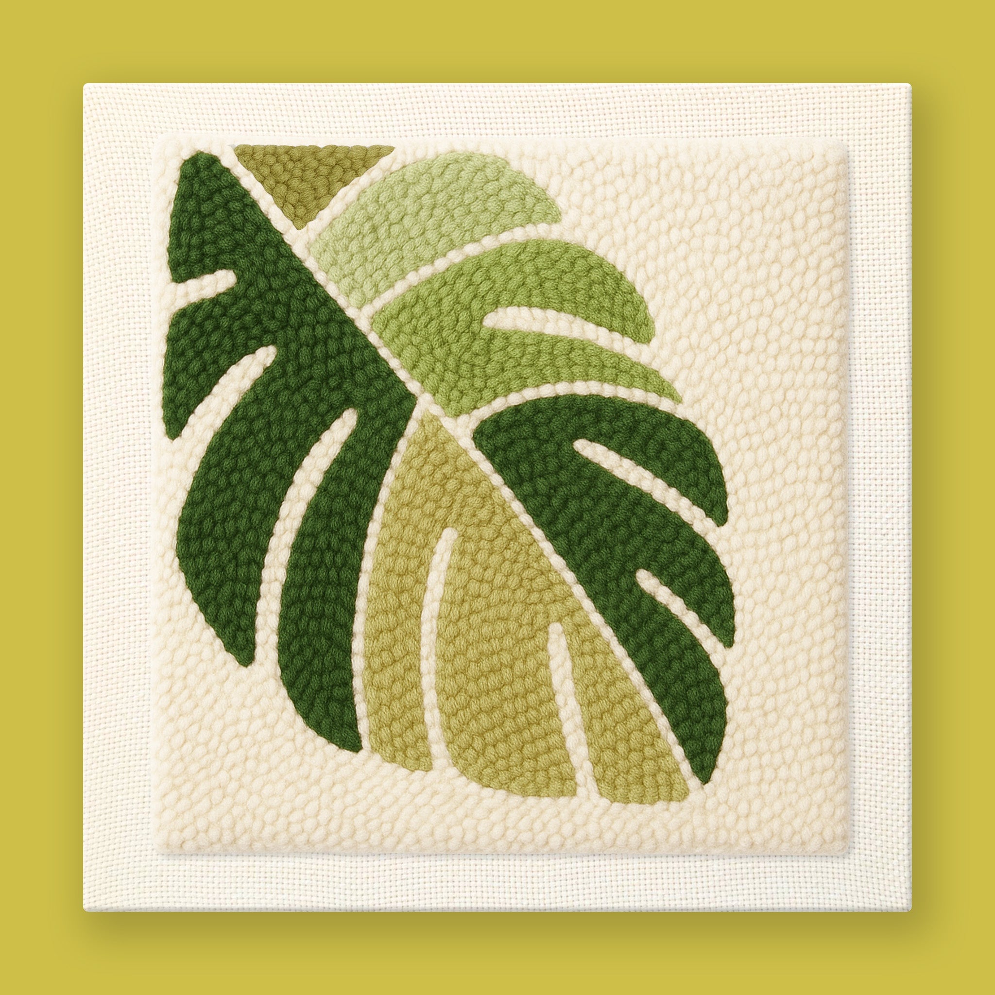 Punch needle wall art of a green monstera leaf with multiple shades of green on cream background