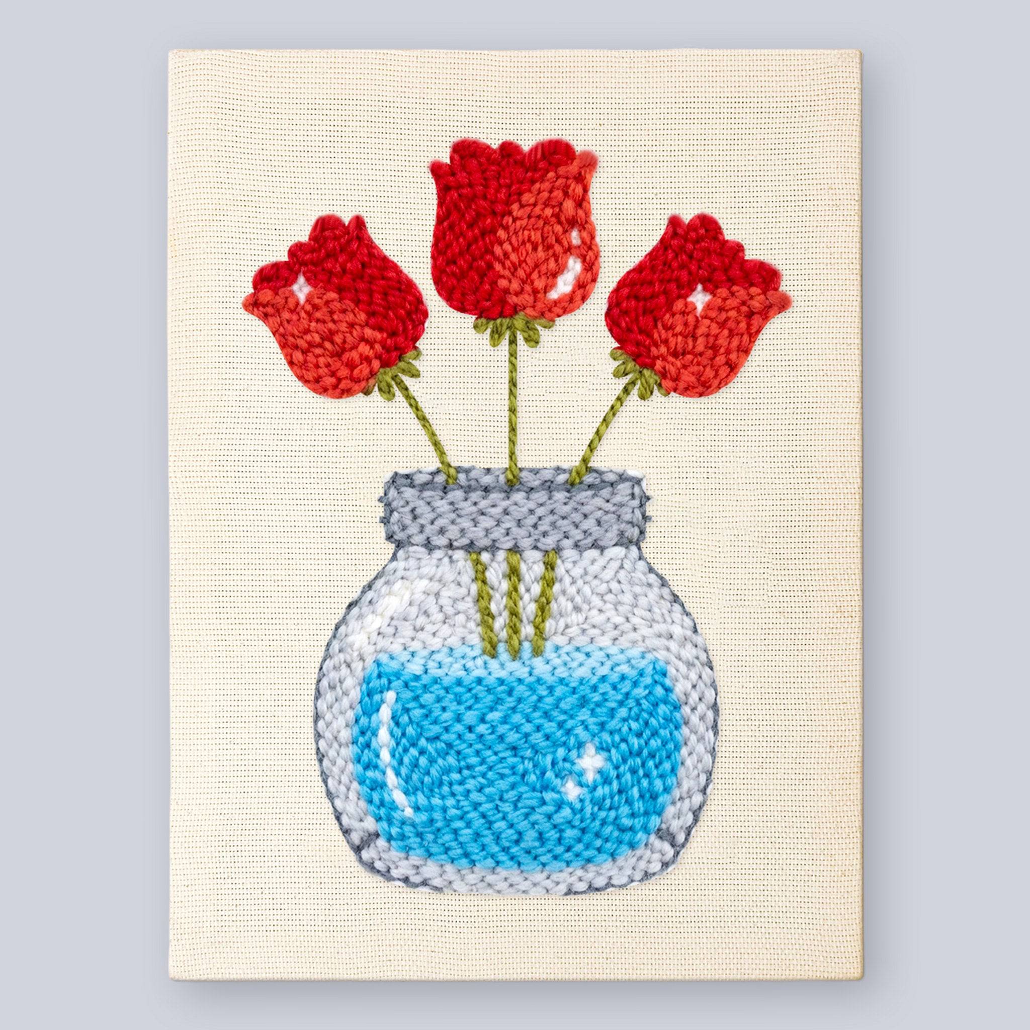 HeyHobby Tulip Trio Punch Needle Kit with colorful embroidery tools and fabric for DIY punch needle embroidery projects.