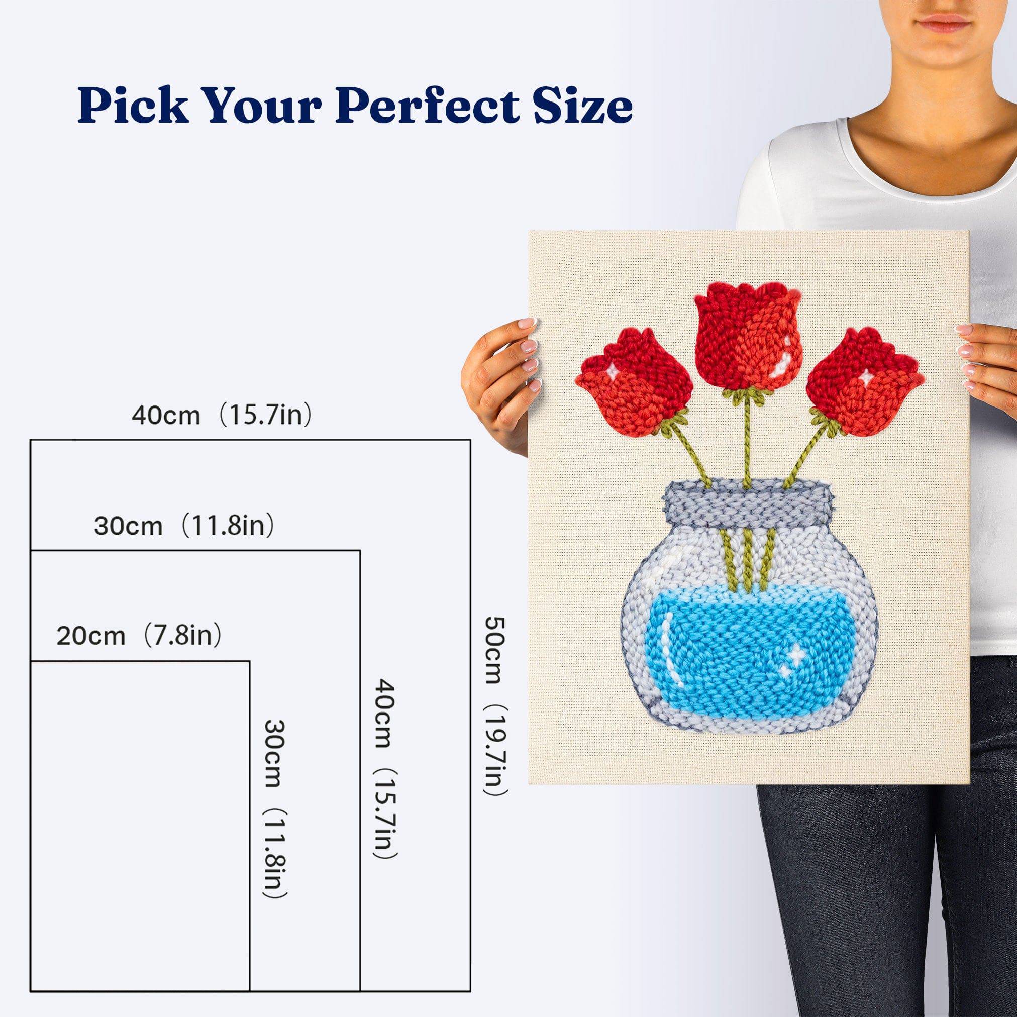 HeyHobby Tulip Trio Punch Needle Kit DIY kit with colorful yarns and fabric for creating floral punch needle embroidery.