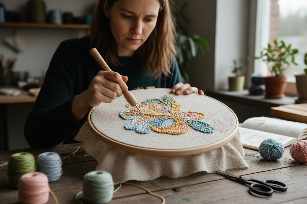 a woman working on a square 30cm X 30cm punch needle canvas 