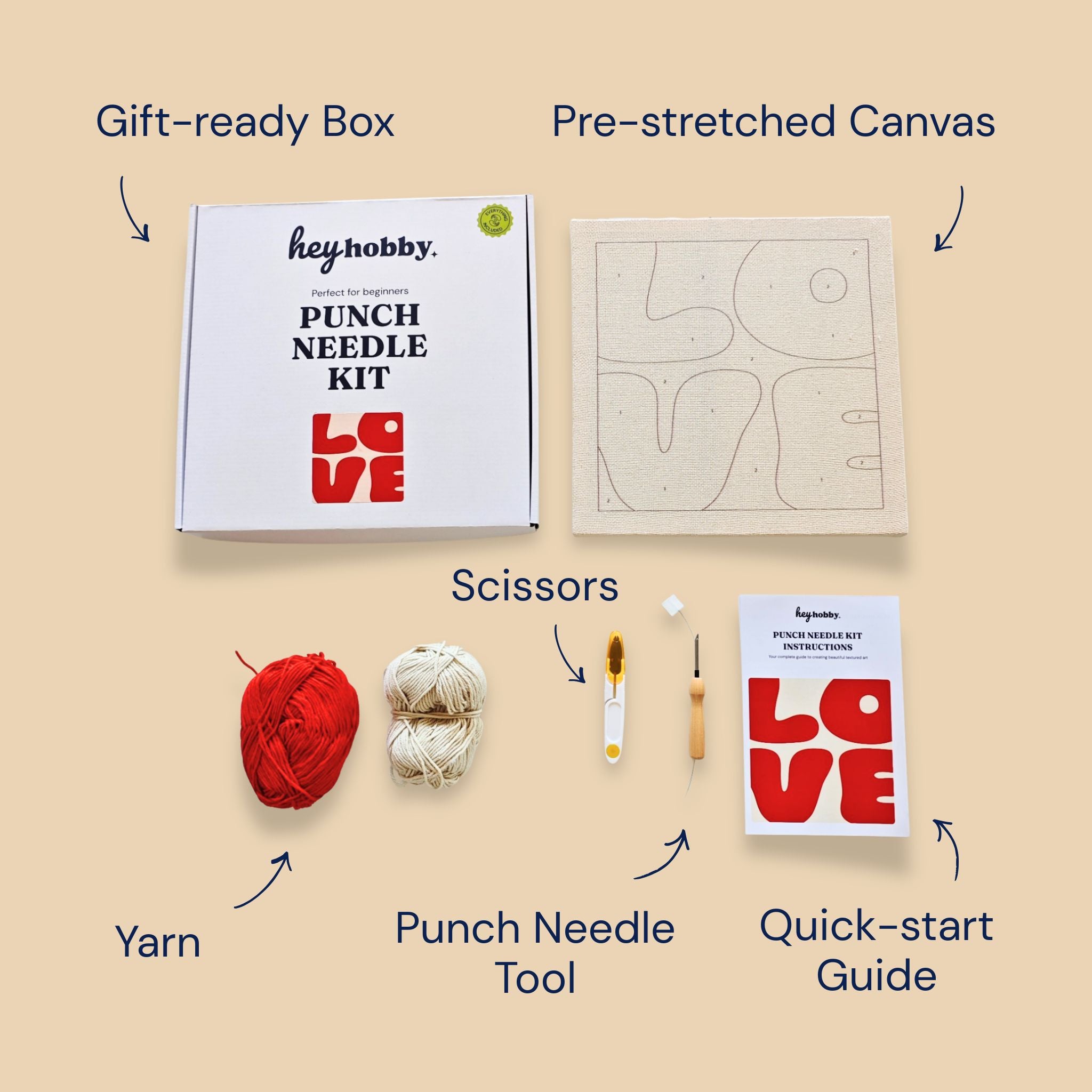 HeyHobby Bold Love Punch Needle Kit for DIY embroidery, showing colorful punch needle tools and fabric with floral design.