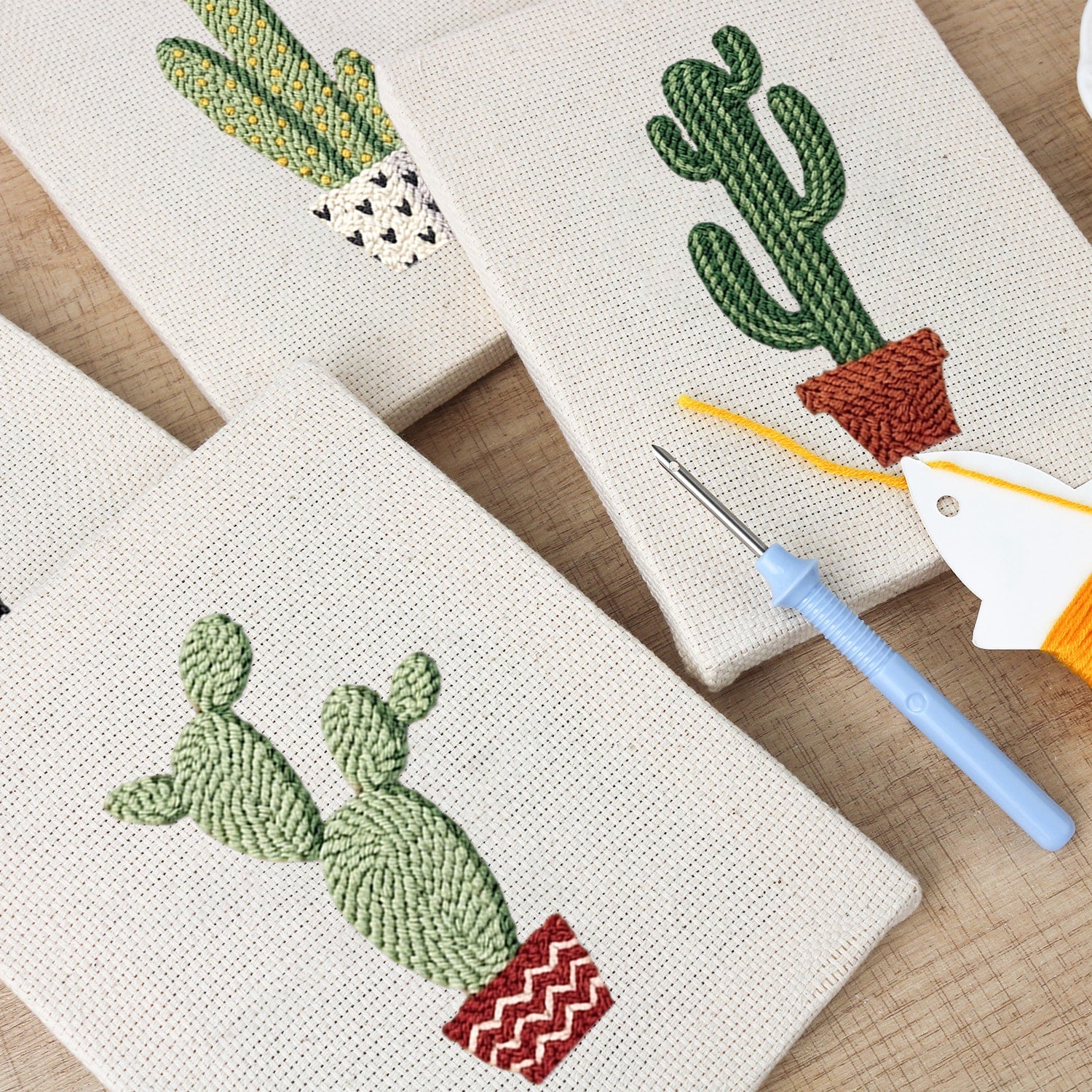 Desert Delight 4-Piece Punch Needle Set DIY Kit by HeyHobby, includes colorful punch needle tools and fabric for embroidery projects.