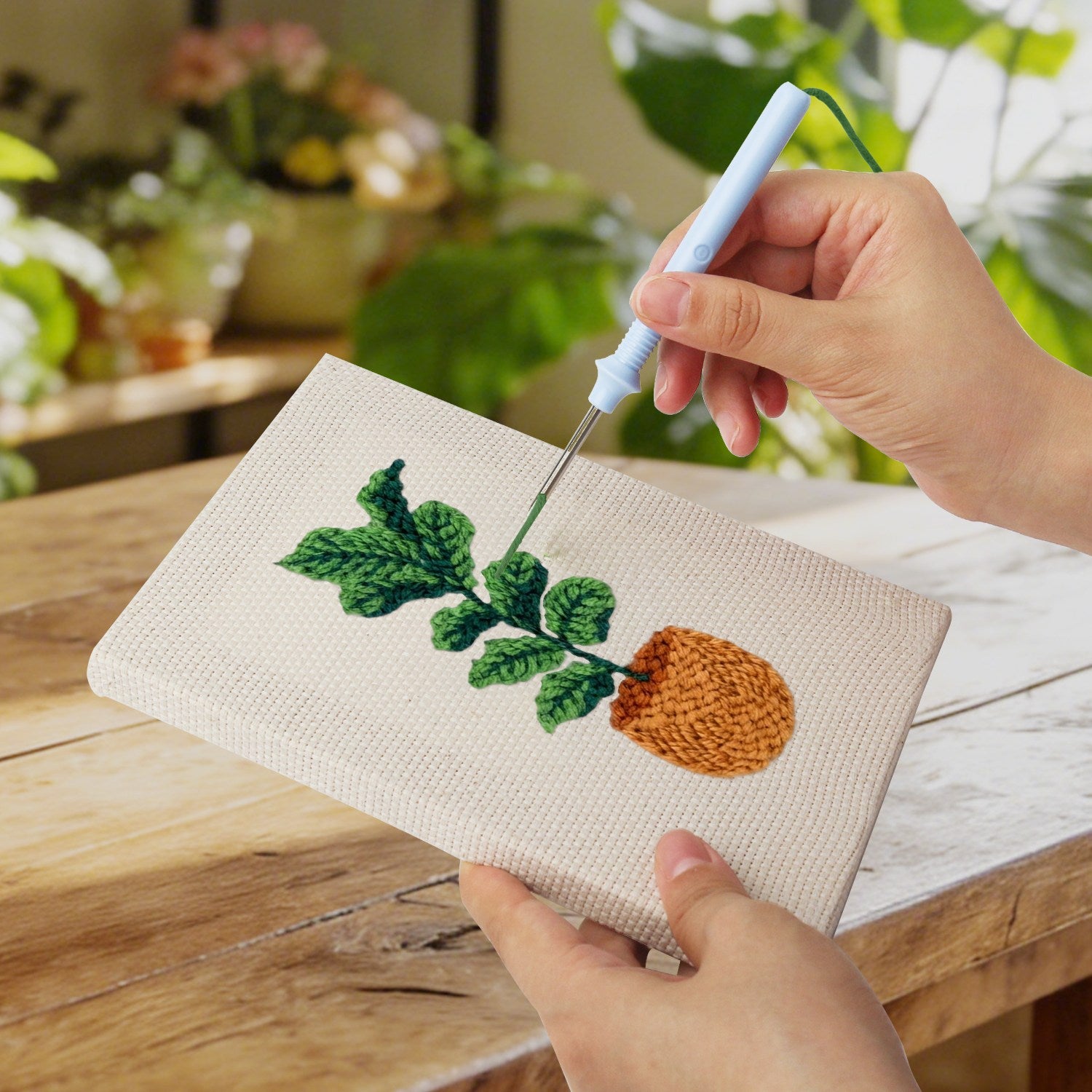 Earthy Greens DIY Punch Needle Set by HeyHobby with four punch needle tools and vibrant green embroidery yarns in a colorful kit
