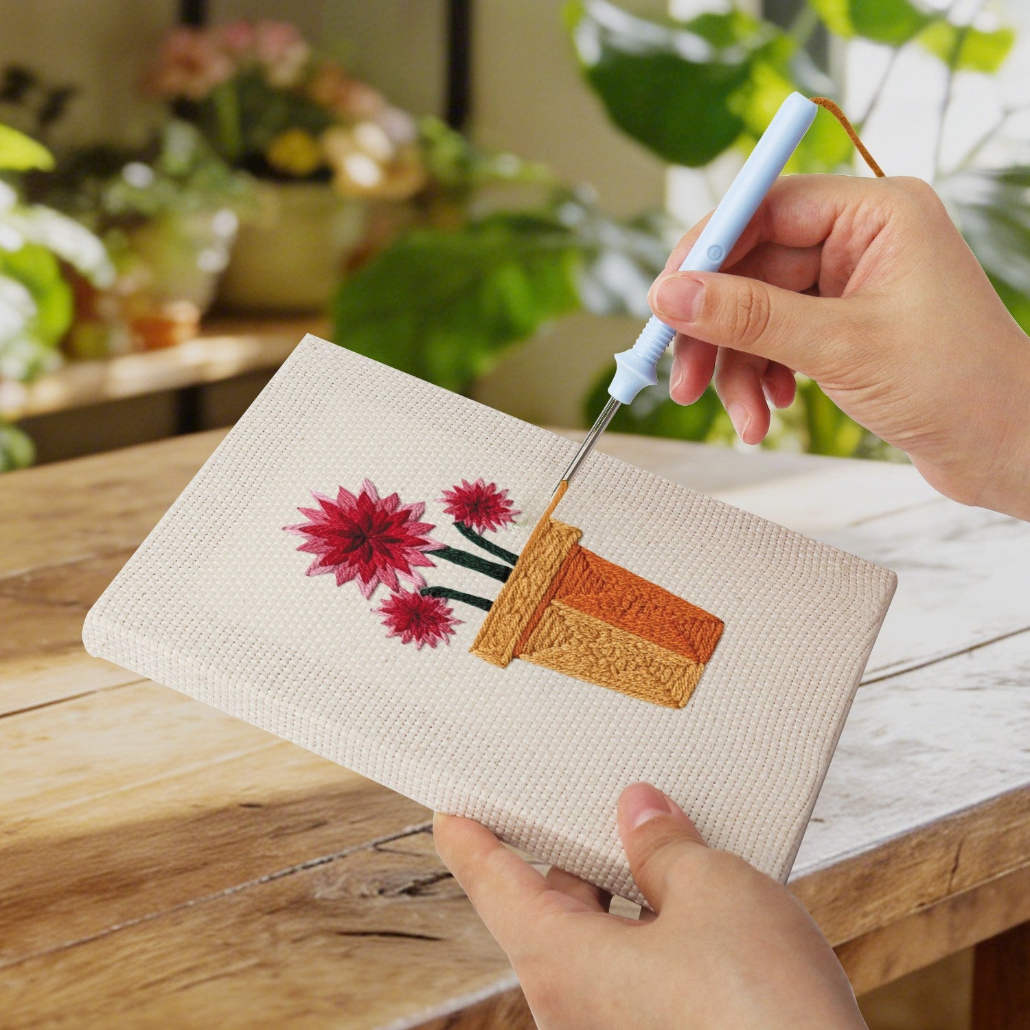 HeyHobby Floral Serenity 4-Piece Punch Needle DIY Kit with colorful floral embroidery tools and materials.