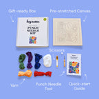 HeyHobby Flower Power Punch Needle Kit for DIY embroidery, featuring colorful floral designs and punch needle supplies.