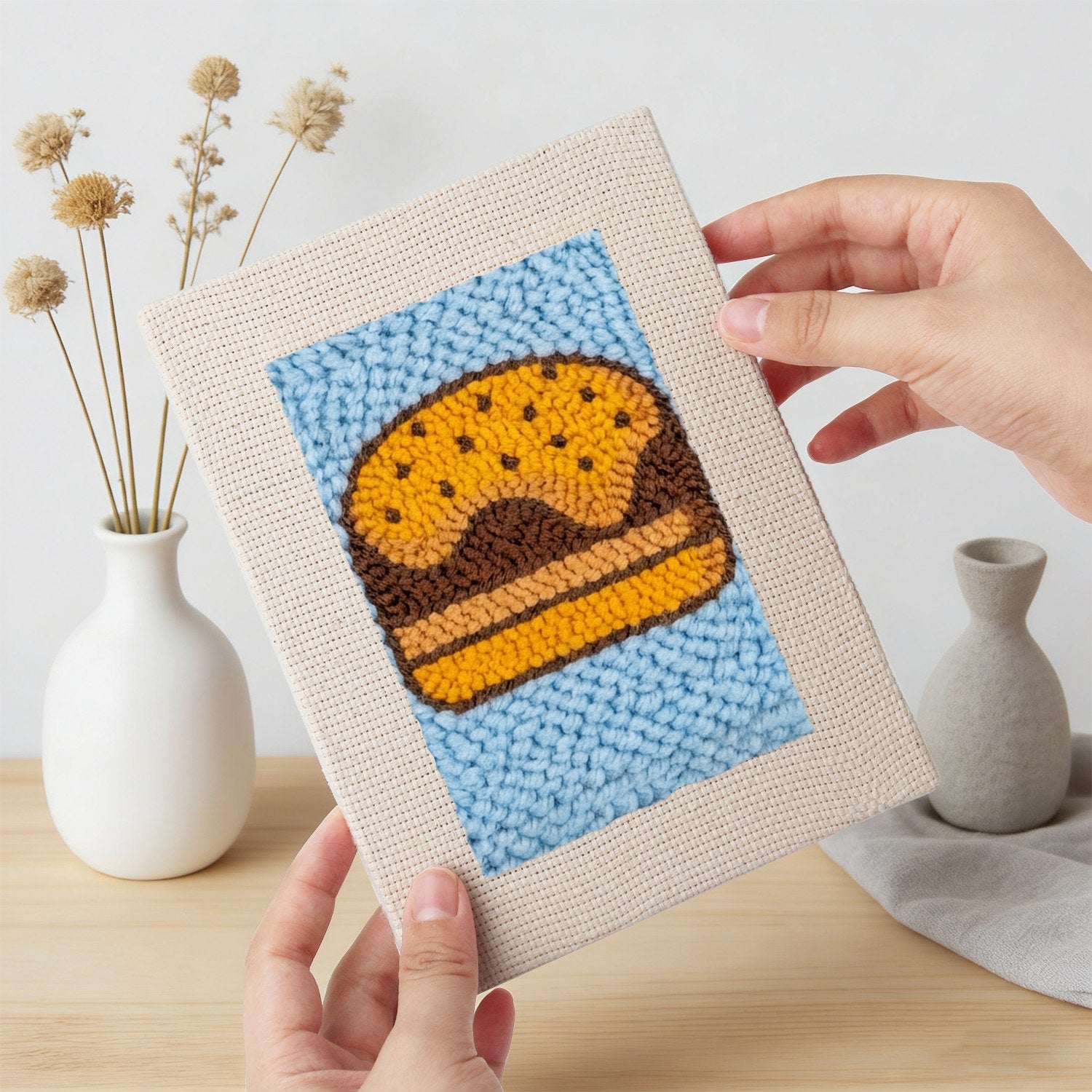 Foodie Fiesta 4-piece punch needle DIY kit by HeyHobby featuring colorful tools and materials for crafting punch needle art.
