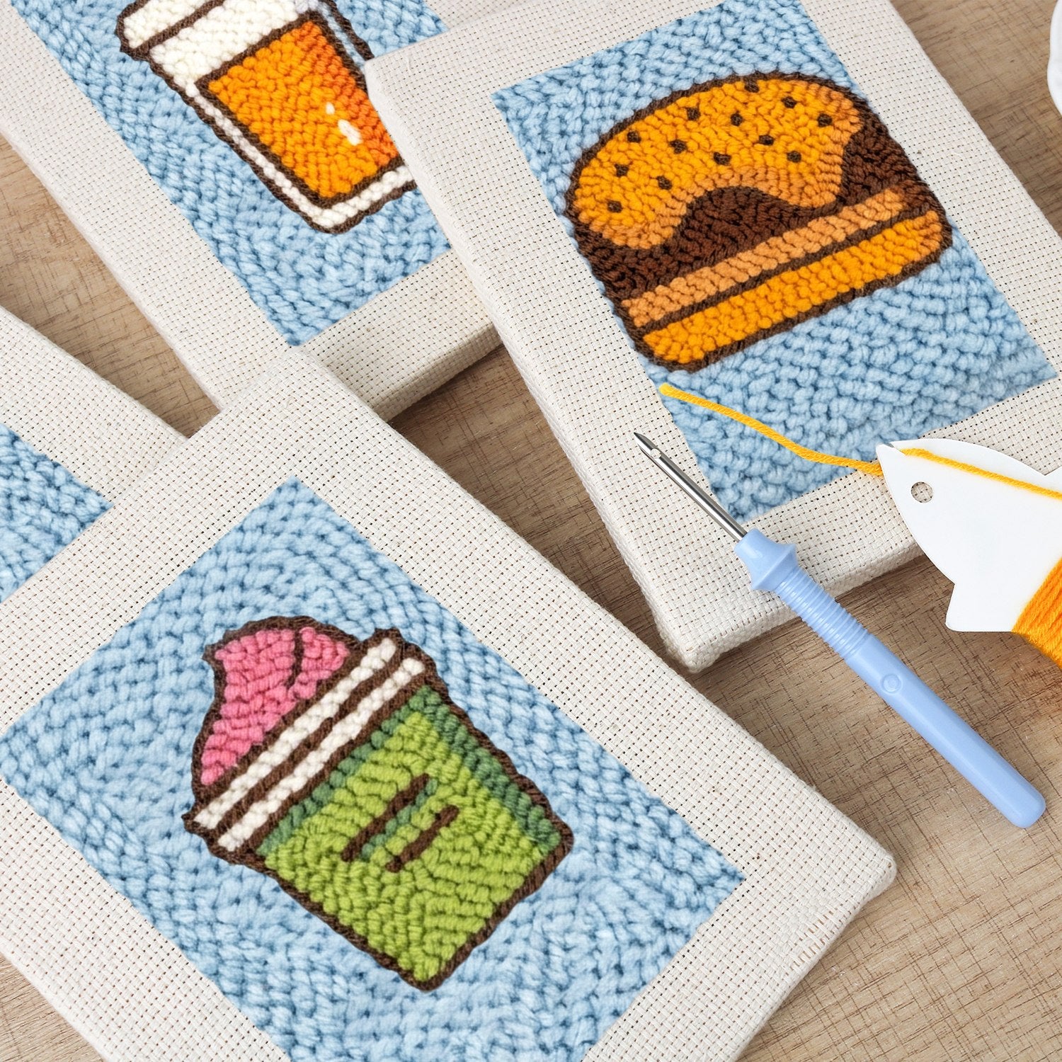 HeyHobby Foodie Fiesta DIY punch needle set with four colorful tools for embroidery and craft projects.