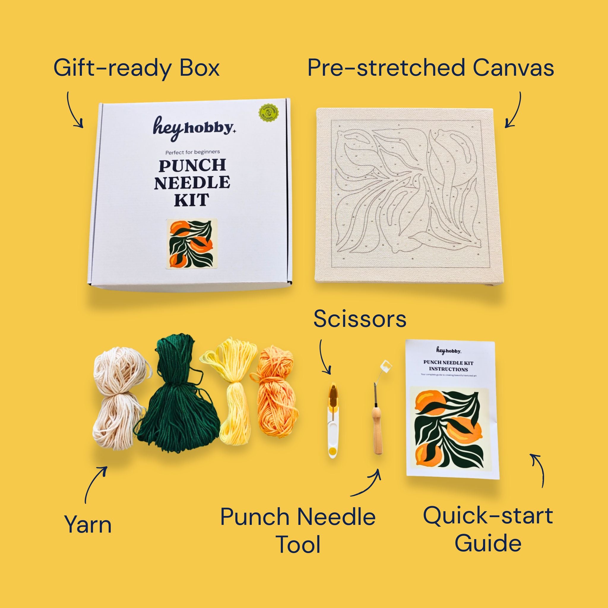 HeyHobby Lemon Grove Punch Needle Kit for DIY embroidery, featuring colorful fabric and punch needle tools.
