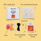 Leopard Punch Needle Kit by HeyHobby with colorful embroidery supplies and tools for DIY punch needle craft projects.