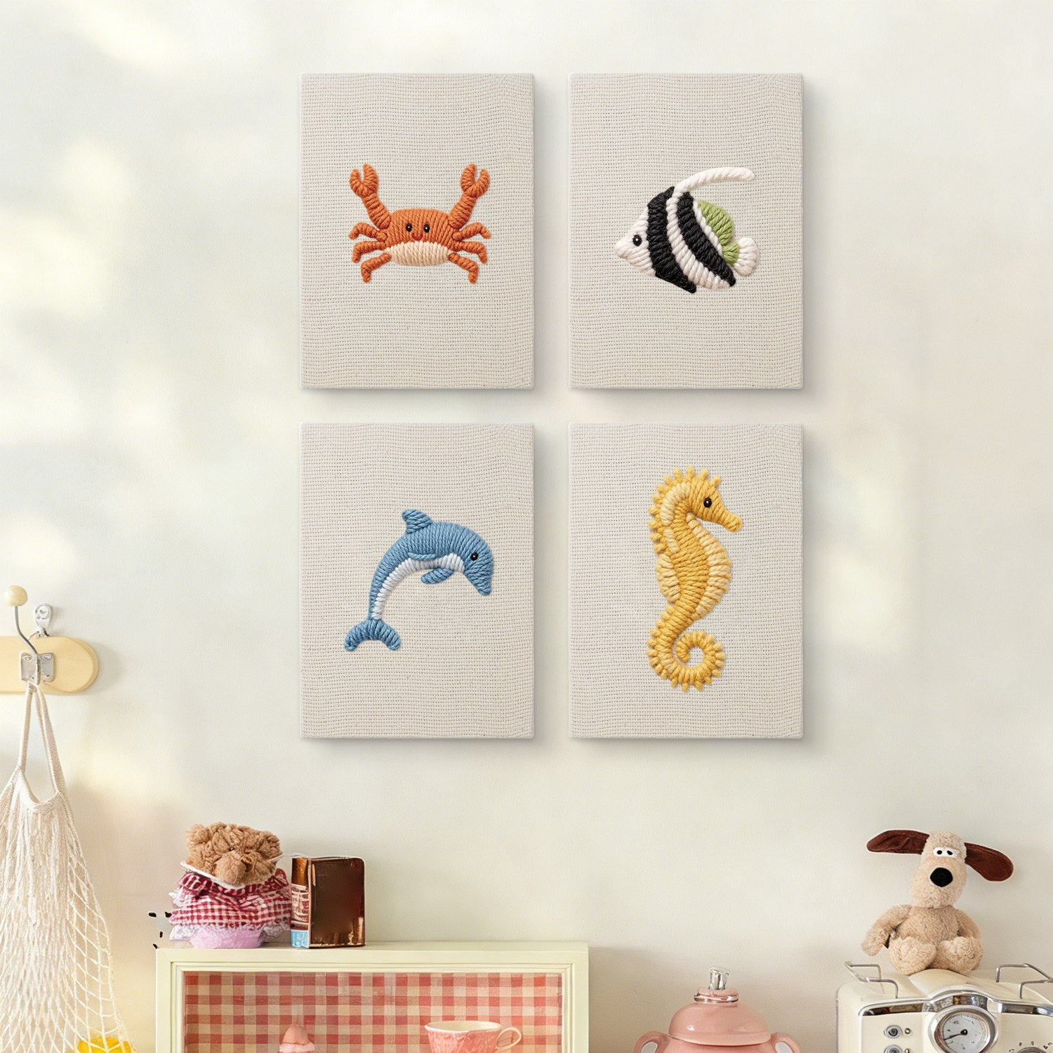 Ocean Friends Punch Needle Set by HeyHobby, 4-piece DIY kit with colorful punch needle tools and fabric for crafting ocean-themed designs.