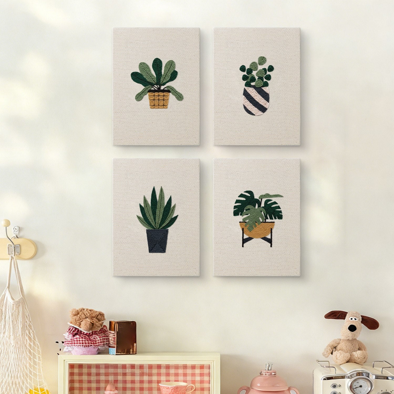 HeyHobby Plant Harmony 4-Piece Punch Needle Set DIY kit with colorful needles and tools for creating textured plant-themed fabric art.