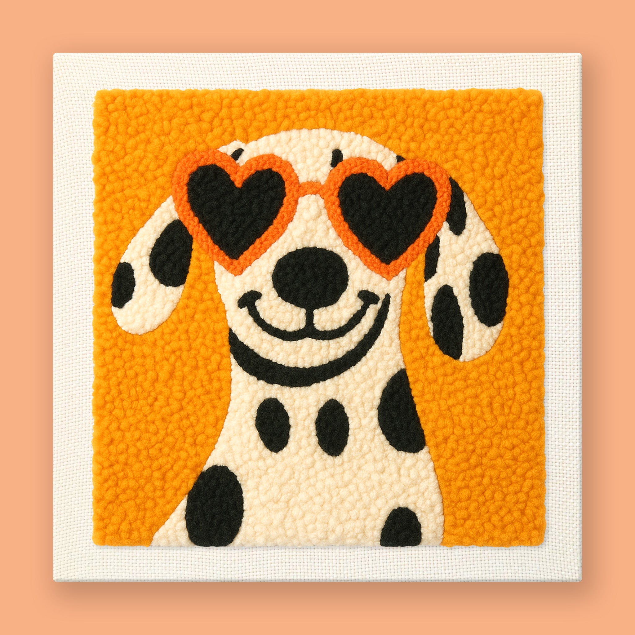 HeyHobby Puppy Love Punch Needle Kit for DIY embroidery, featuring colorful puppy and heart design on fabric.