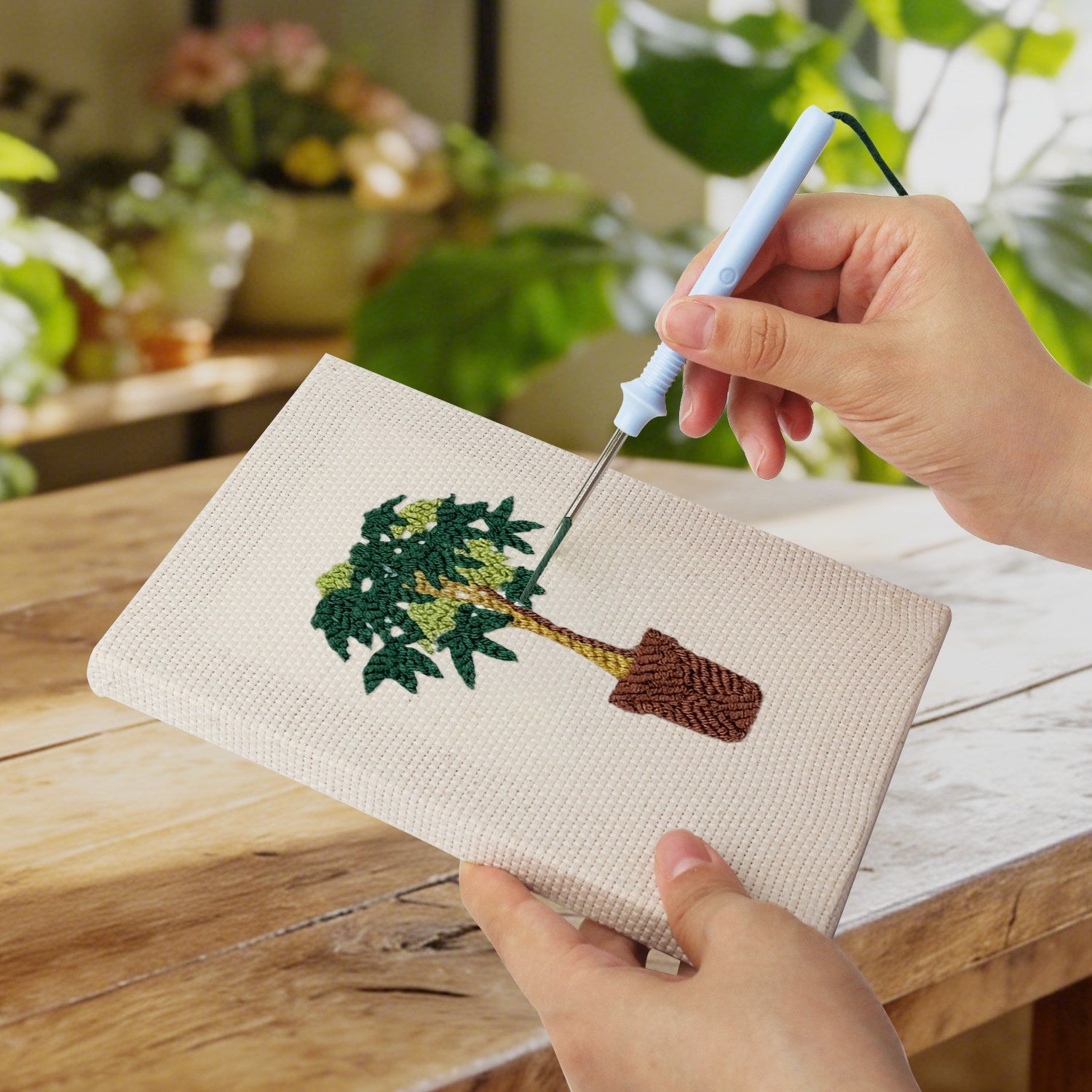HeyHobby Serene Foliage 4-Piece Punch Needle Set DIY kit with colorful embroidery tools and fabric for craft projects.
