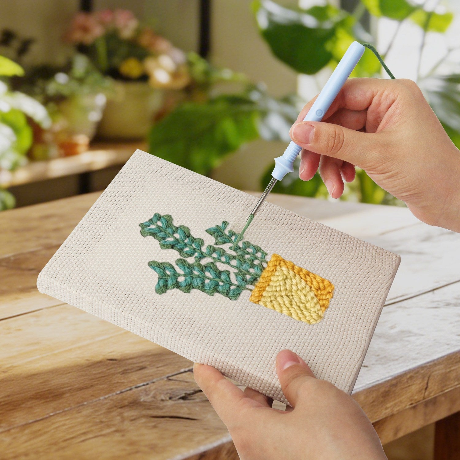 HeyHobby Serene Greens 4-Piece Punch Needle Set DIY kit with colorful punch needles and accessories for embroidery crafts.