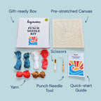Sunset Waves Punch Needle Kit by HeyHobby featuring colorful yarns and a designed pattern for DIY textile art.