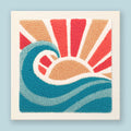 Sunset Waves Punch Needle Kit by HeyHobby featuring colorful embroidery designs and punch needle tools on a neutral background.