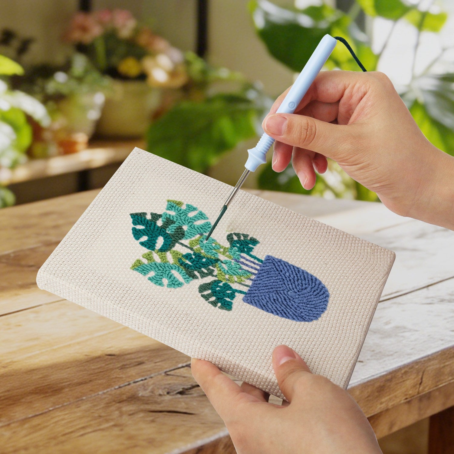 HeyHobby Tranquil Greens 4-Piece Punch Needle Set DIY Kit with colorful punch needles and accessories for embroidery projects.