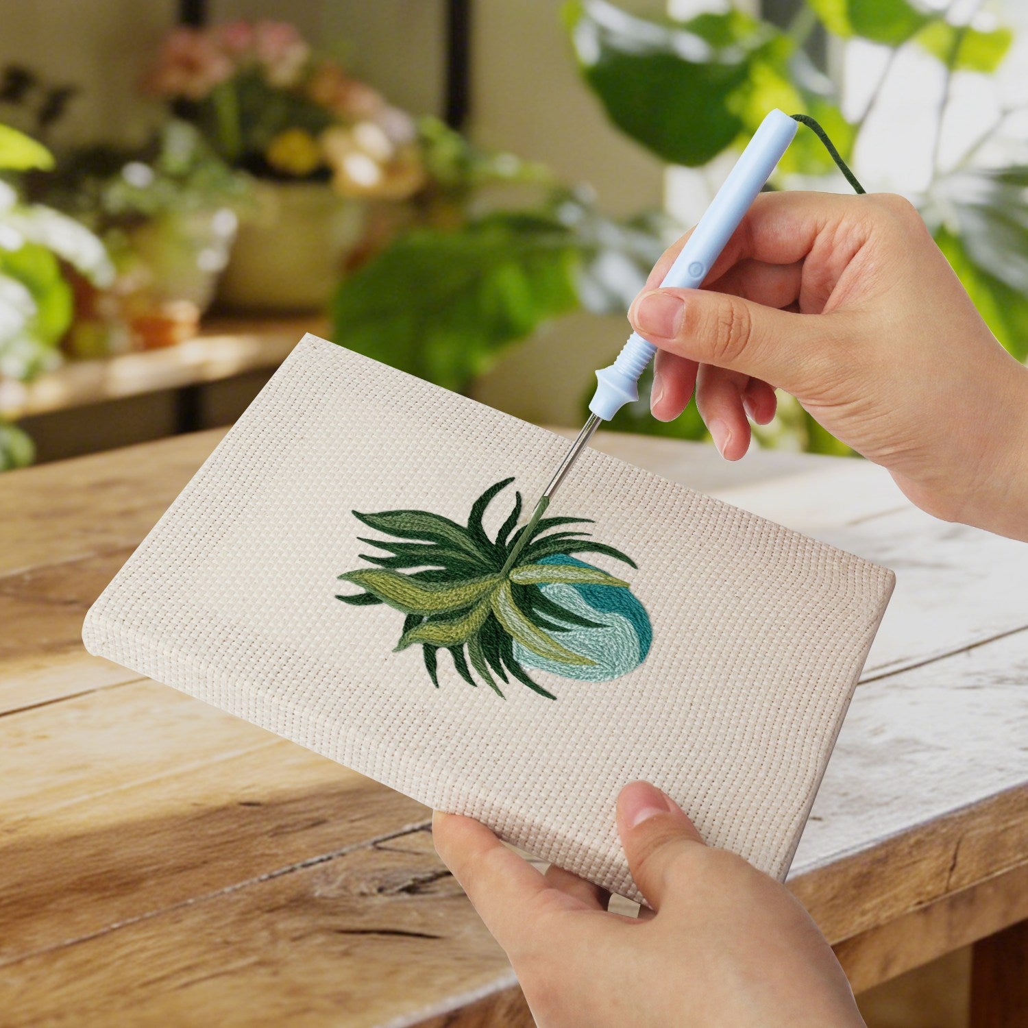 HeyHobby Tranquil Plants 4-Piece Punch Needle Set DIY kit with colorful plant designs for embroidery and craft projects.