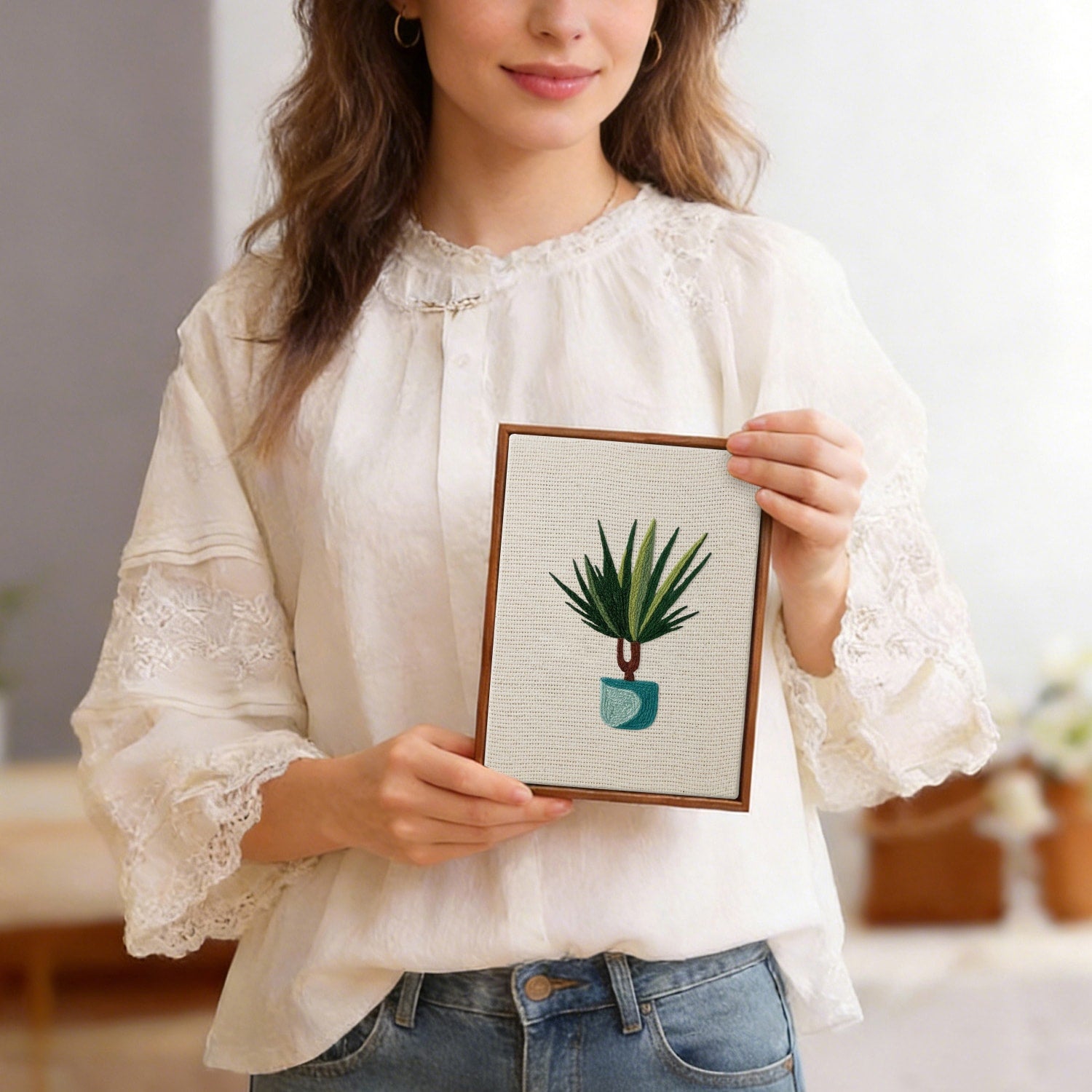 HeyHobby Tranquil Plants 4-Piece Punch Needle DIY Kit with colorful embroidery tools and plant-themed designs.