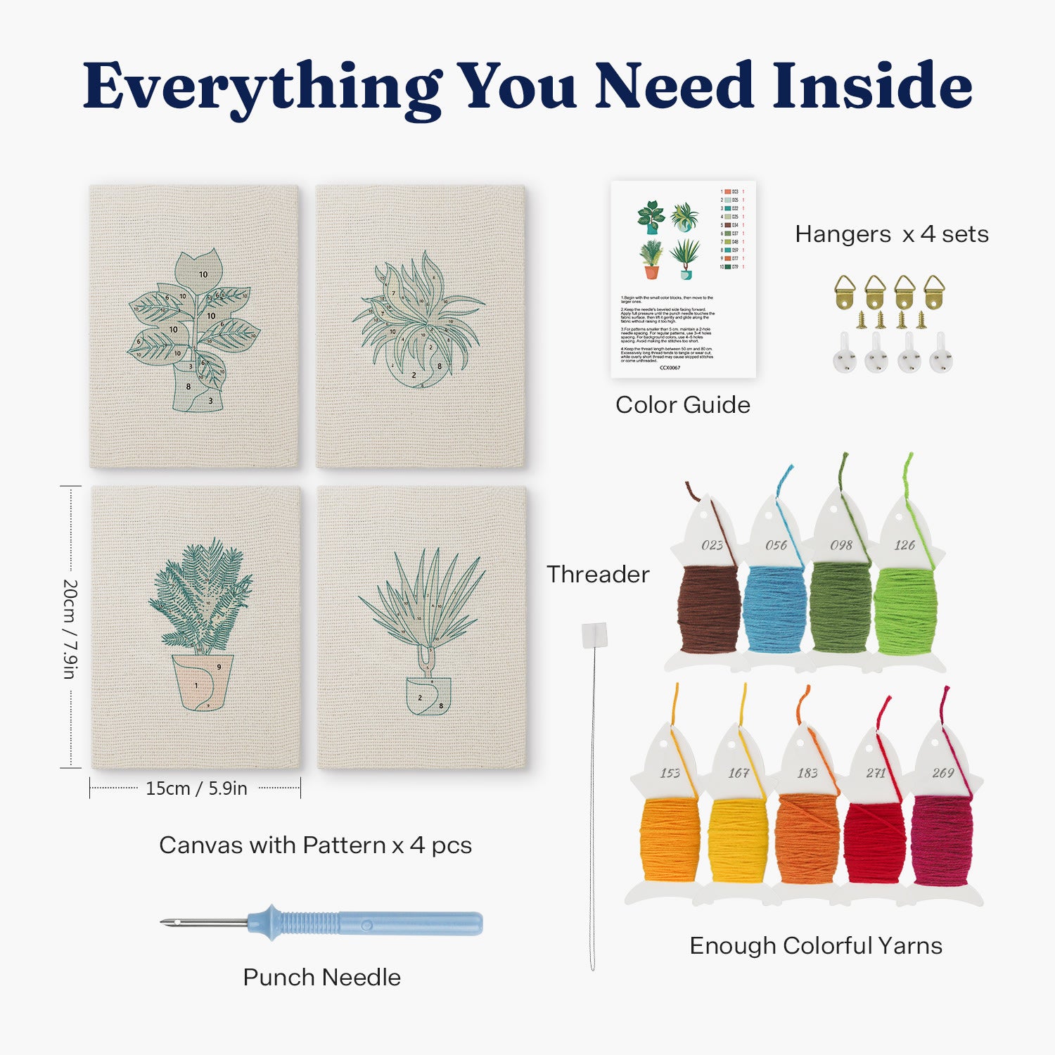 HeyHobby Tranquil Plants 4-Piece Punch Needle Set DIY kit with colorful embroidery tools and plant-inspired designs.