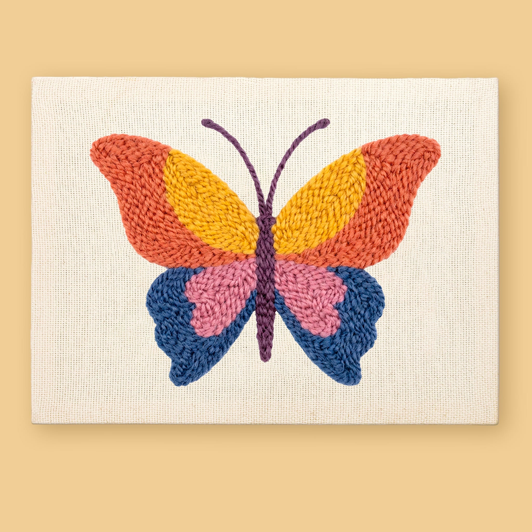 HeyHobby Butterfly Whimsy Punch Needle Kit DIY kit with colorful punch needle embroidery supplies for crafting butterfly designs.