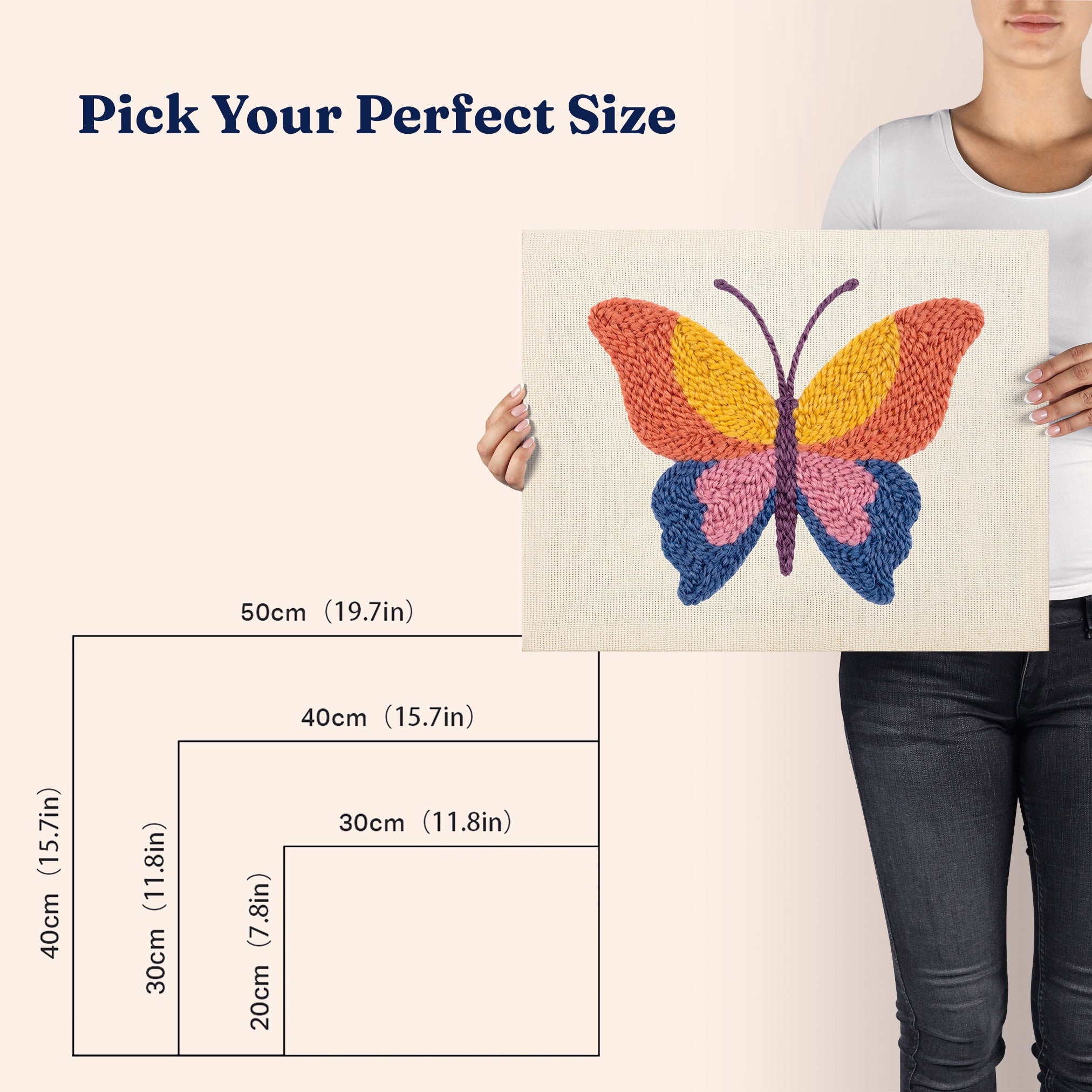 HeyHobby Butterfly Whimsy Punch Needle Kit DIY craft kit with colorful fabric and tools for creating butterfly-themed needle art.