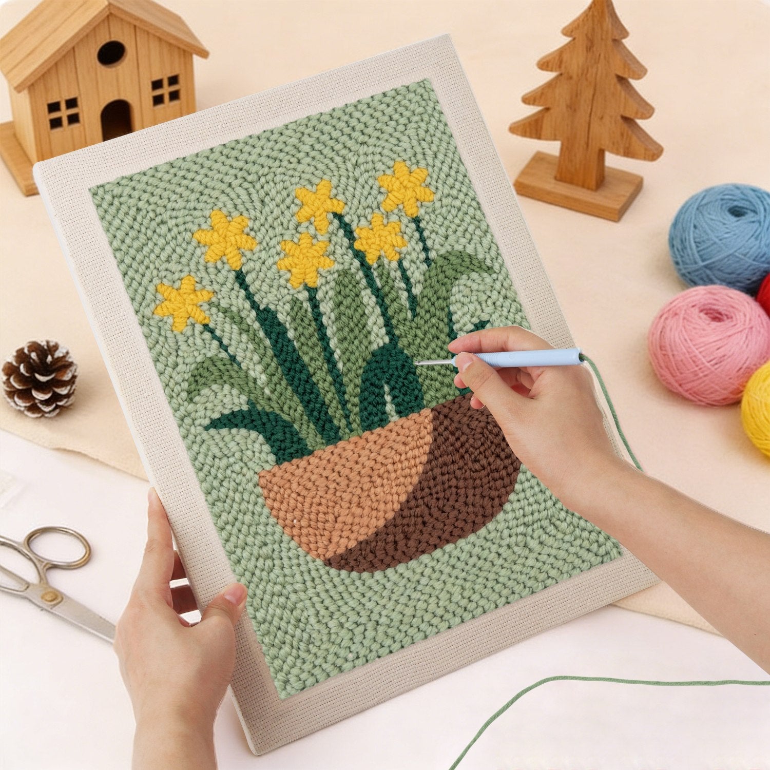 Spring Daffodils Punch Needle Kit by HeyHobby, DIY embroidery kit featuring bright daffodil designs on craft fabric.