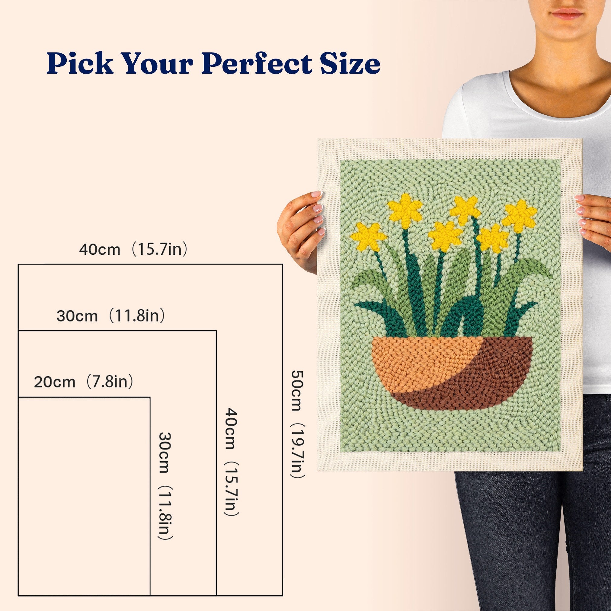 HeyHobby Spring Daffodils Punch Needle Kit for DIY embroidery, featuring bright yellow daffodils on a small punch needle project.