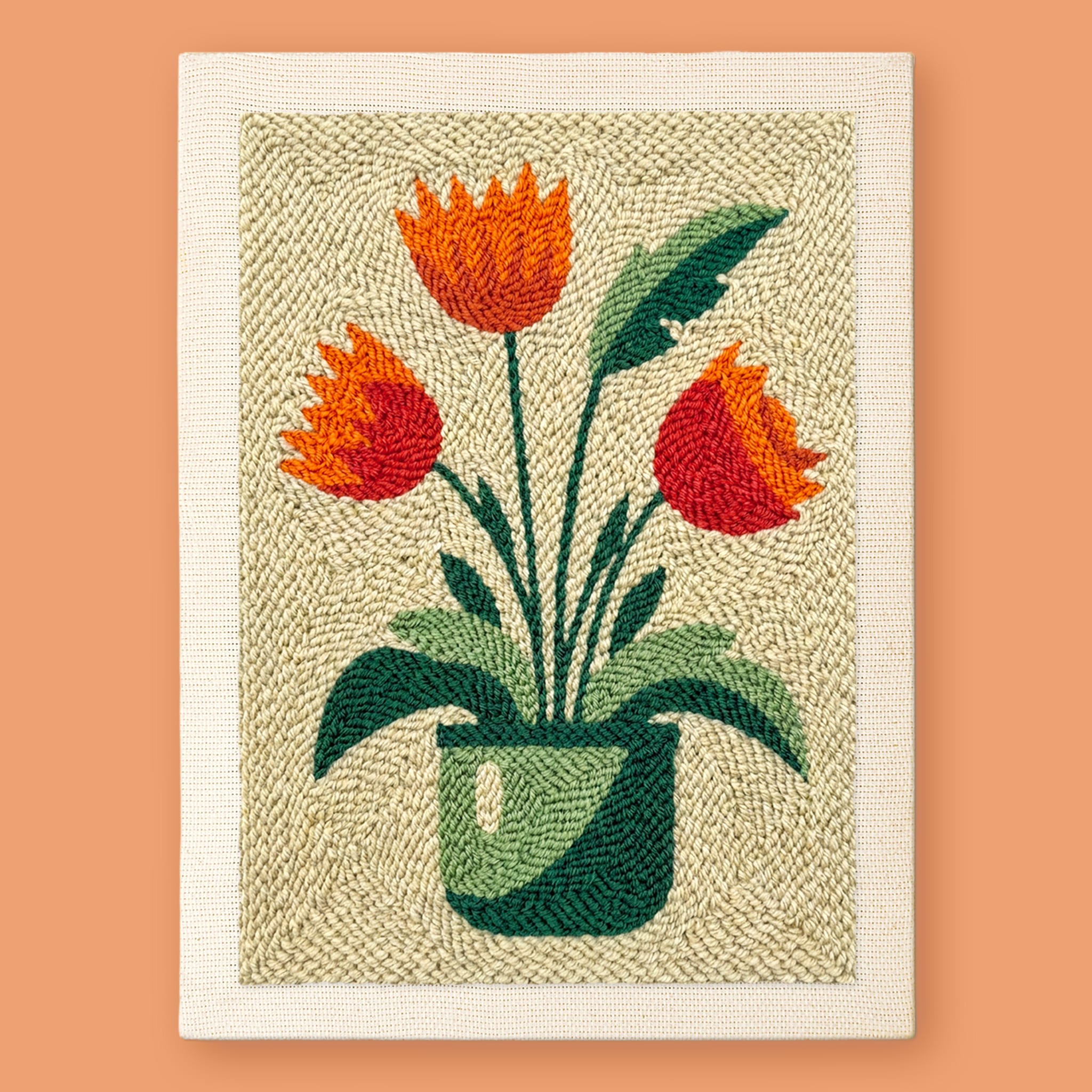 HeyHobby Tulip Delight Punch Needle Kit for DIY embroidery, shown with colorful tulip design and punch needle tools.