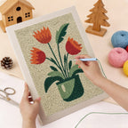 HeyHobby Tulip Delight Punch Needle Kit for DIY embroidery, featuring colorful tulip design on fabric.