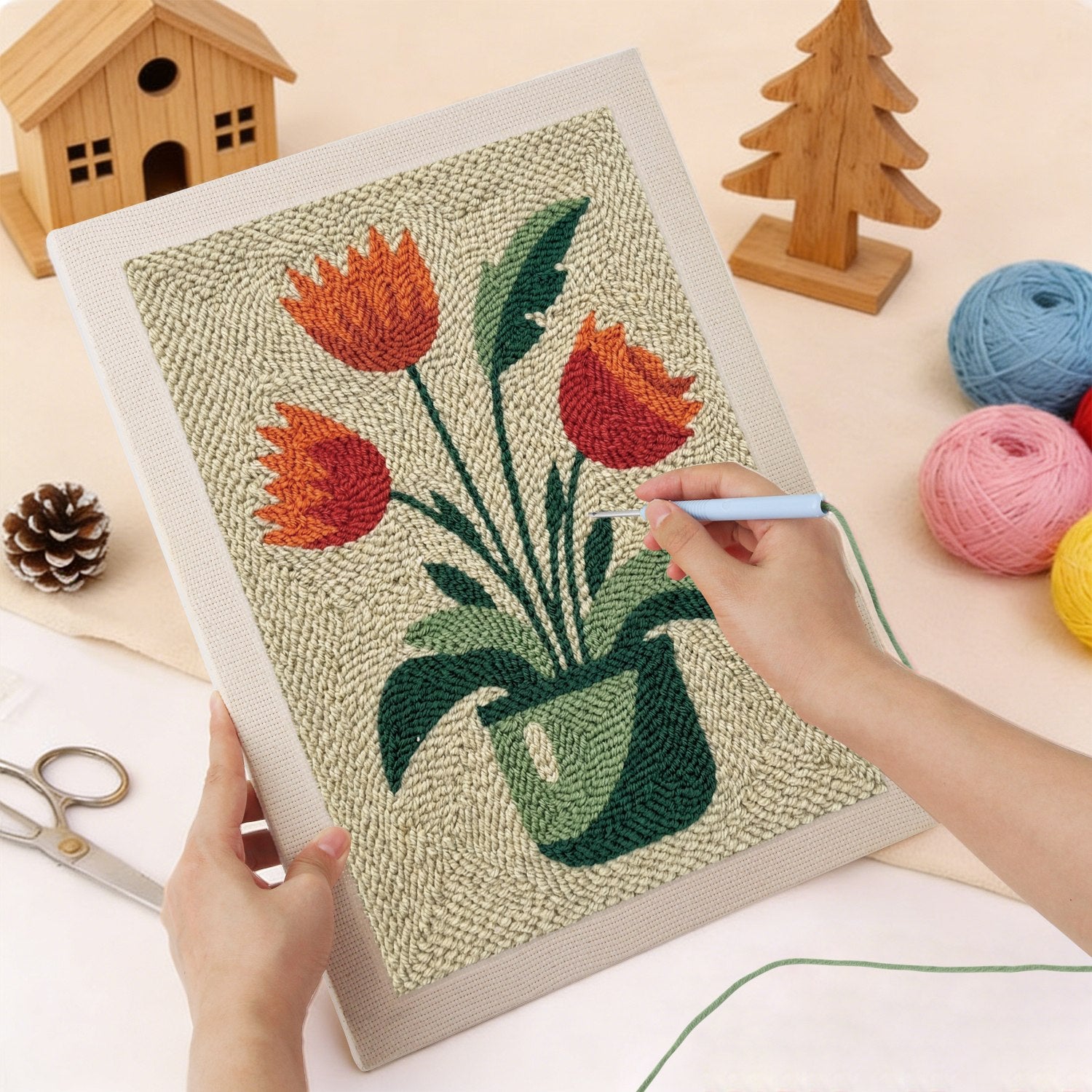 HeyHobby Tulip Delight Punch Needle Kit for DIY embroidery, featuring colorful tulip design on fabric.