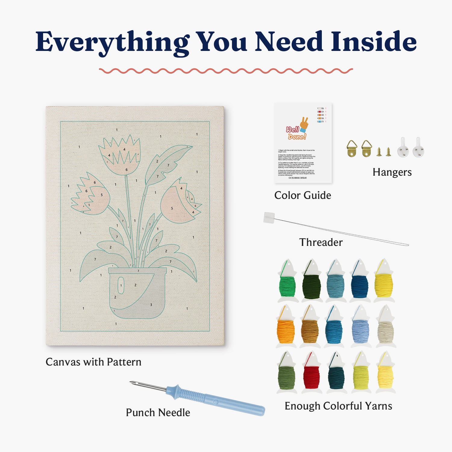 HeyHobby Tulip Delight Punch Needle Kit DIY kit with colorful embroidery supplies and fabric for creating floral wall art.