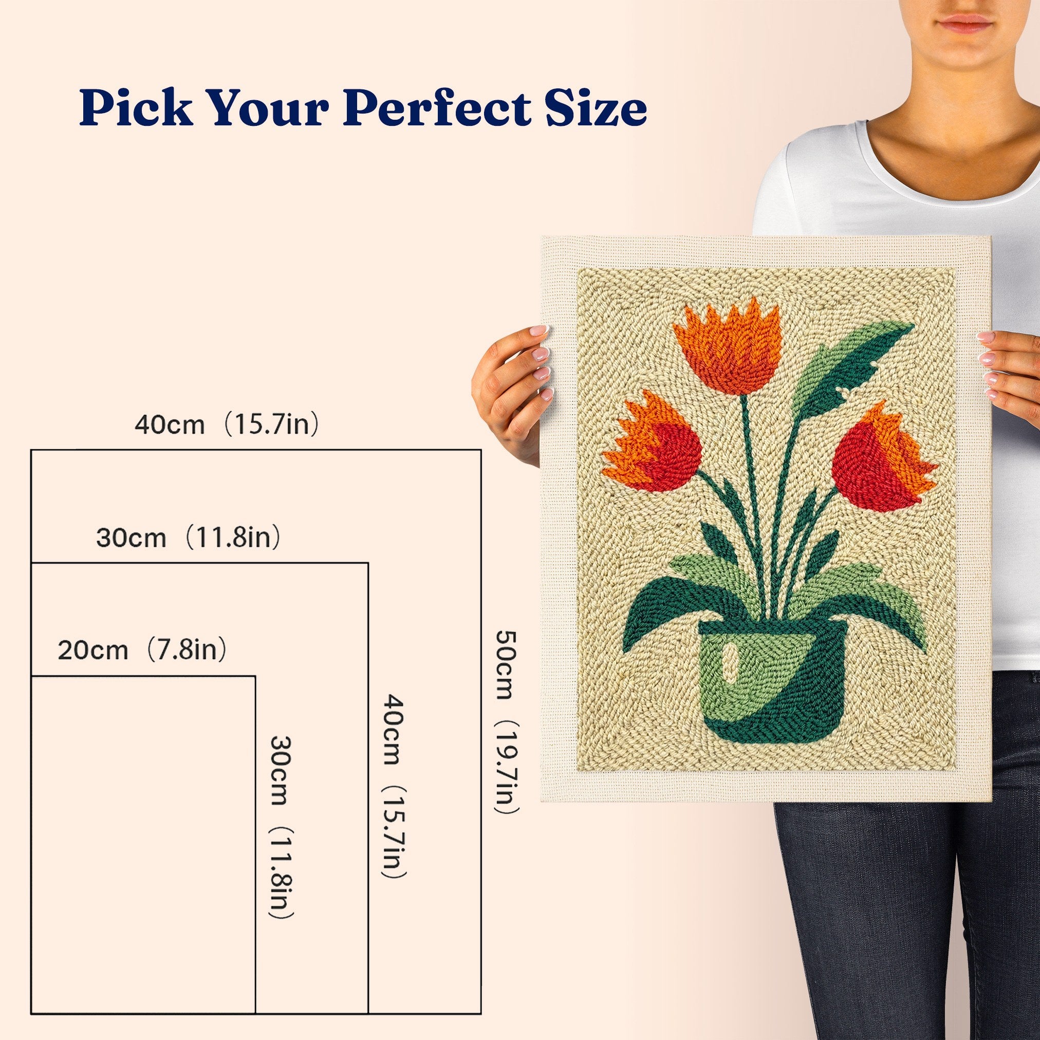 HeyHobby Tulip Delight Punch Needle Kit for DIY embroidery, featuring colorful tulip design on a small punch needle craft project